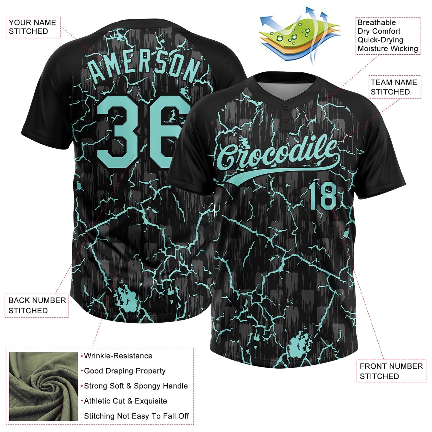 Custom Black Ice Blue-Gray Raglan Sleeves Neon Lightning Crackle Two-Button Unisex Softball Jersey view 3