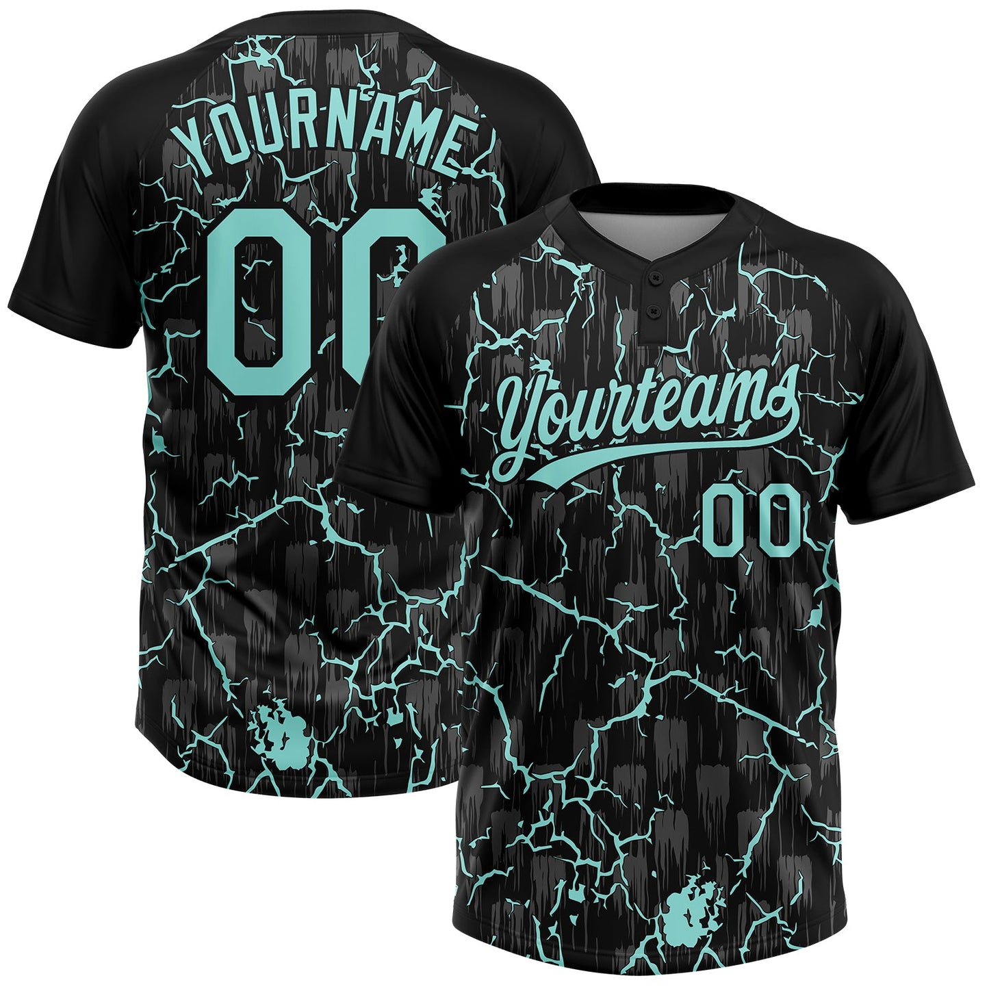 Custom Black Ice Blue-Gray Raglan Sleeves Neon Lightning Crackle Two-Button Unisex Softball Jersey - Main View