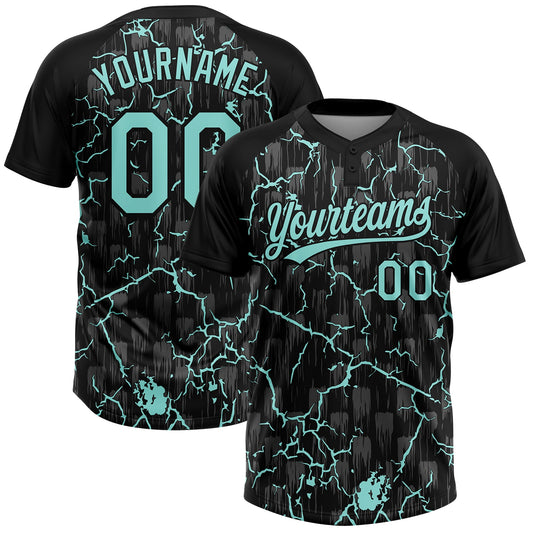 Custom Black Ice Blue-Gray Raglan Sleeves Neon Lightning Crackle Two-Button Unisex Softball Jersey - Main View