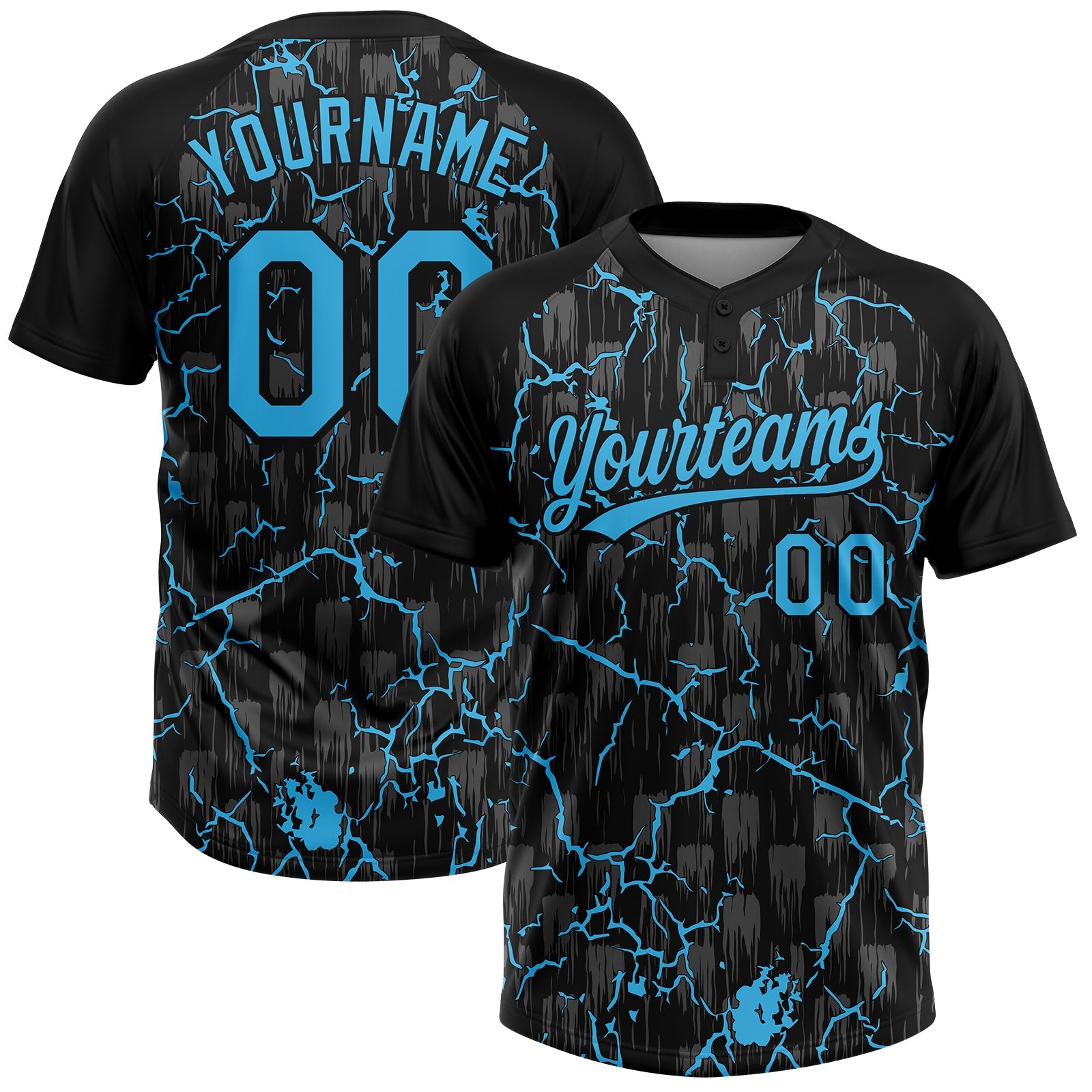Custom Black Sky Blue-Gray Raglan Sleeves Neon Lightning Crackle Two-Button Unisex Softball Jersey - Main View