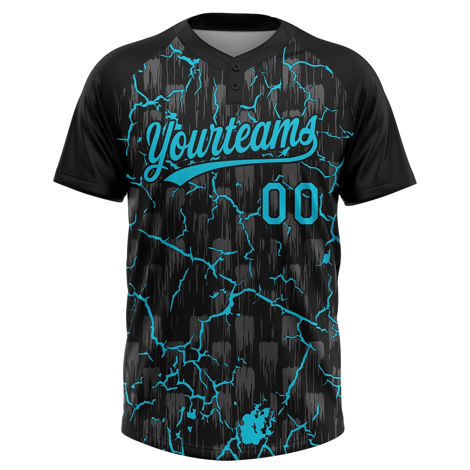 Custom Black Lakes Blue-Gray Raglan Sleeves Neon Lightning Crackle Two-Button Unisex Softball Jersey view 2