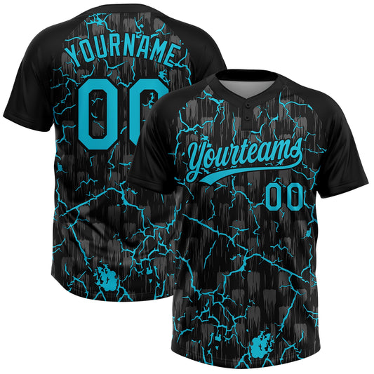 Custom Black Lakes Blue-Gray Raglan Sleeves Neon Lightning Crackle Two-Button Unisex Softball Jersey - Main View