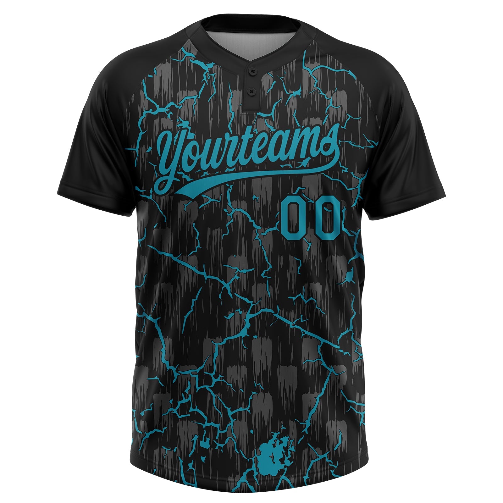 Custom Black Teal-Gray Raglan Sleeves Neon Lightning Crackle Two-Button Unisex Softball Jersey view 2