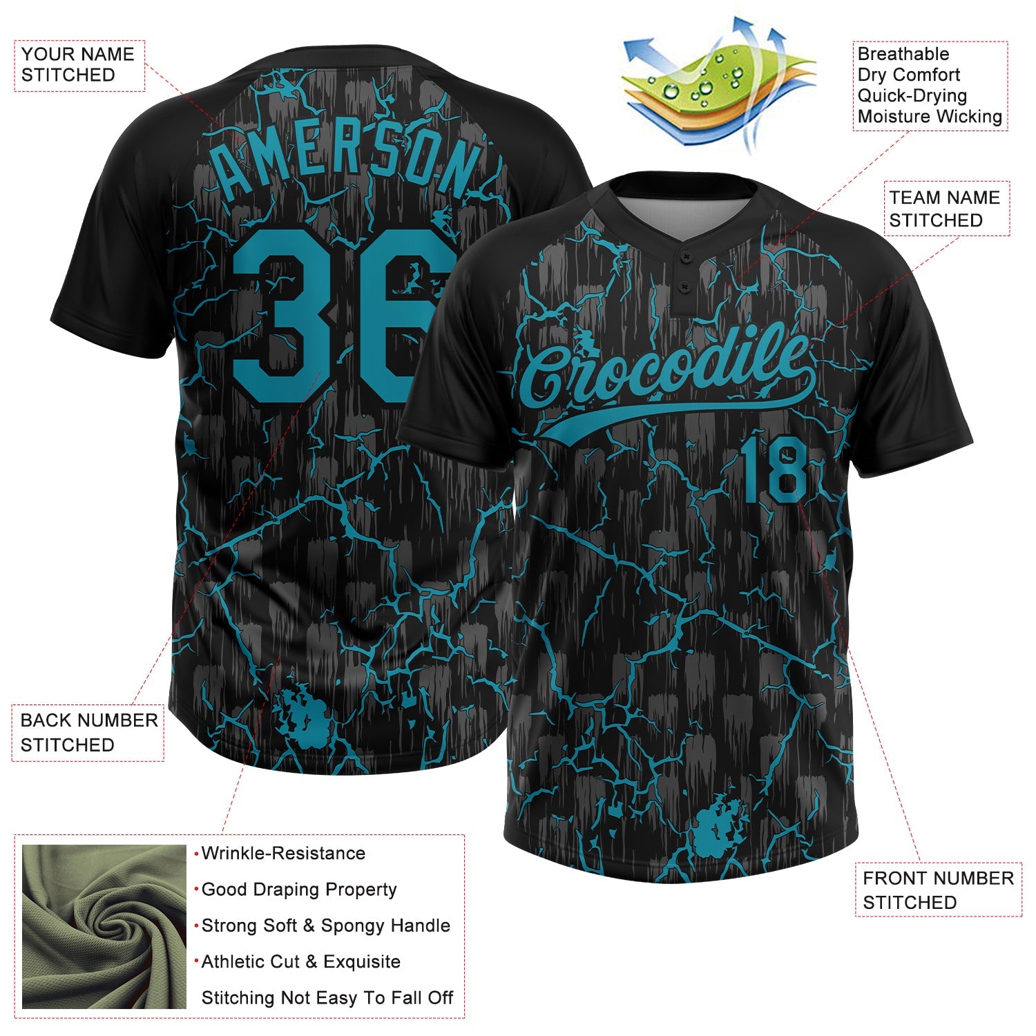 Custom Black Teal-Gray Raglan Sleeves Neon Lightning Crackle Two-Button Unisex Softball Jersey view 3