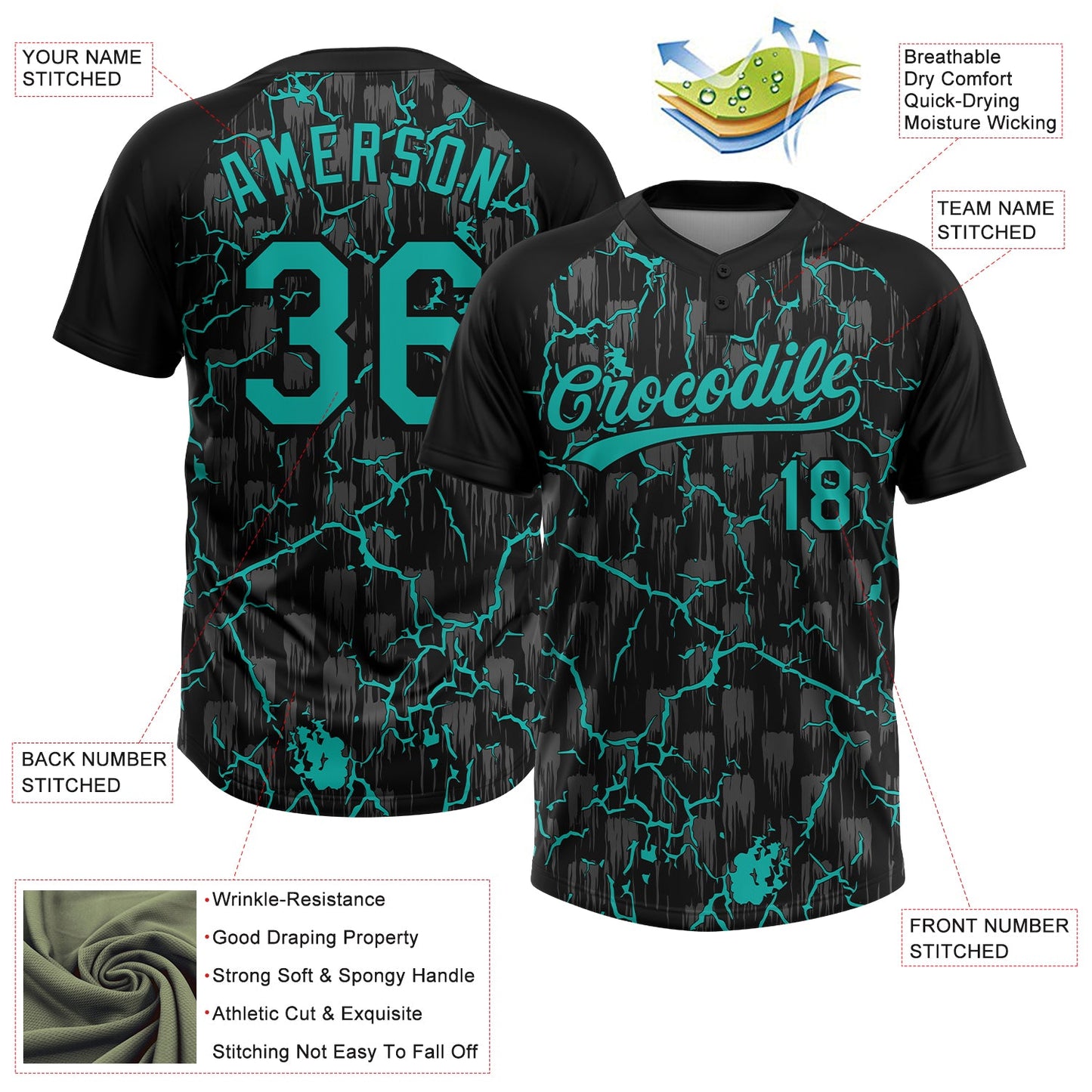 Custom Black Aqua-Gray Raglan Sleeves Neon Lightning Crackle Two-Button Unisex Softball Jersey view 3