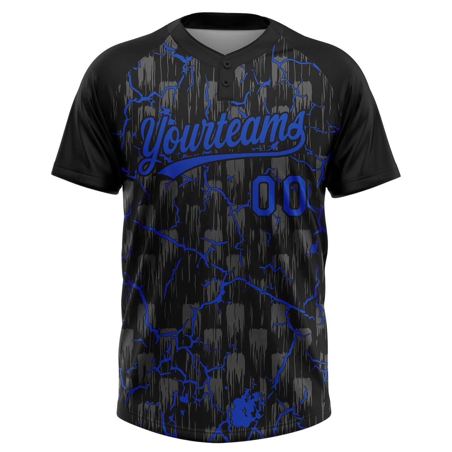 Custom Black Thunder Blue-Gray Raglan Sleeves Neon Lightning Crackle Two-Button Unisex Softball Jersey view 2