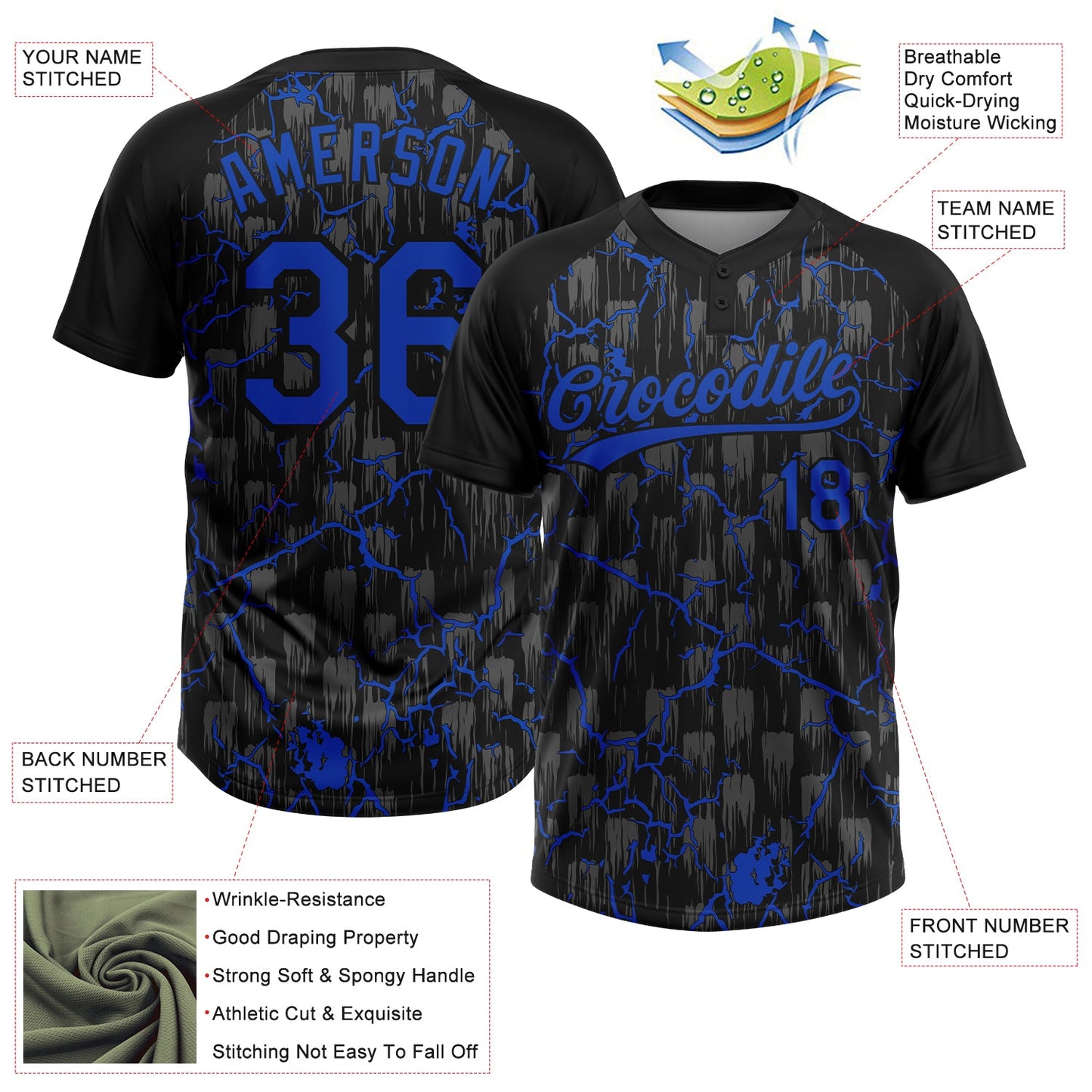 Custom Black Thunder Blue-Gray Raglan Sleeves Neon Lightning Crackle Two-Button Unisex Softball Jersey view 3