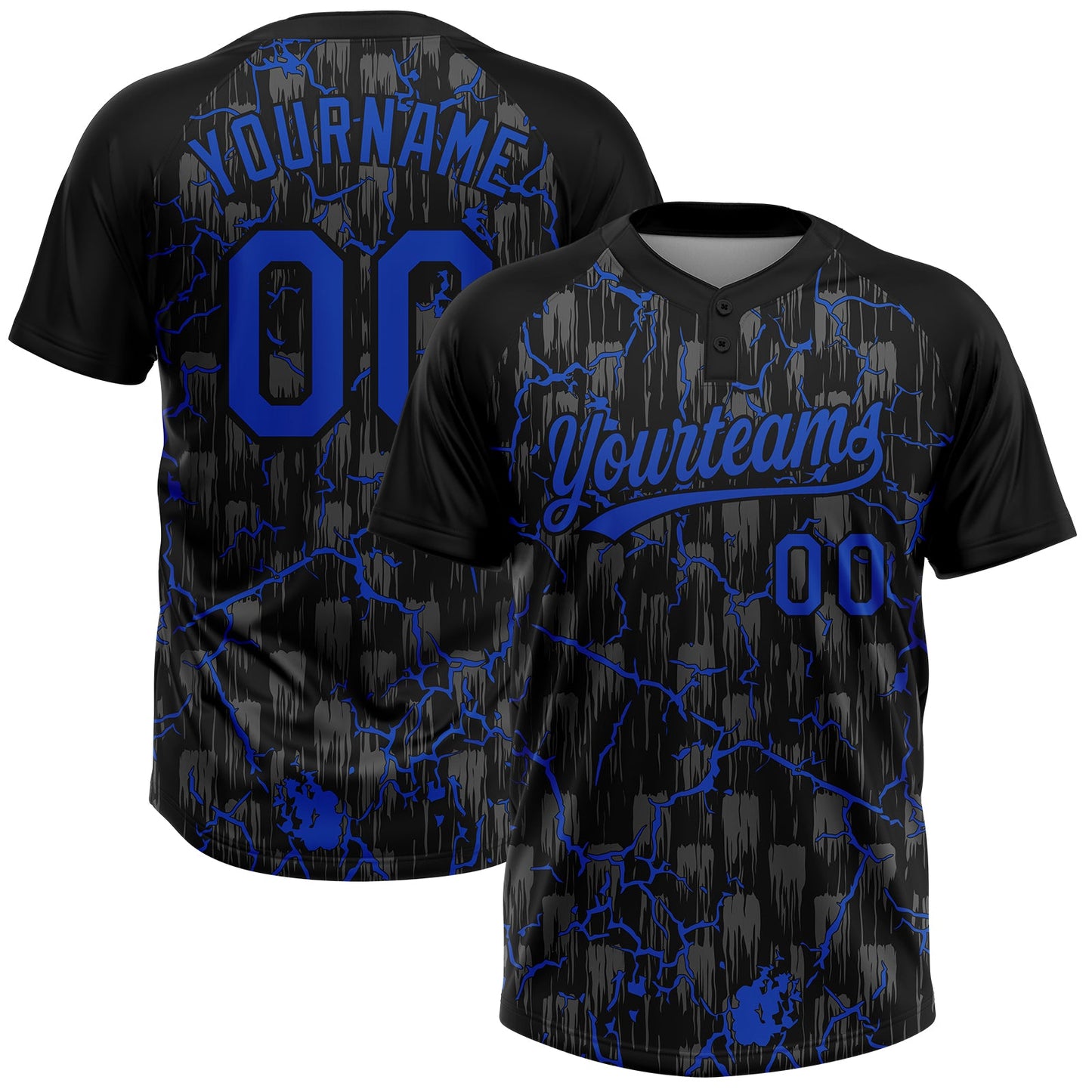 Custom Black Thunder Blue-Gray Raglan Sleeves Neon Lightning Crackle Two-Button Unisex Softball Jersey - Main View