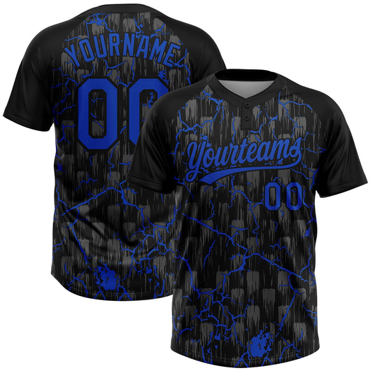 Custom Black Thunder Blue-Gray Raglan Sleeves Neon Lightning Crackle Two-Button Unisex Softball Jersey - Main View