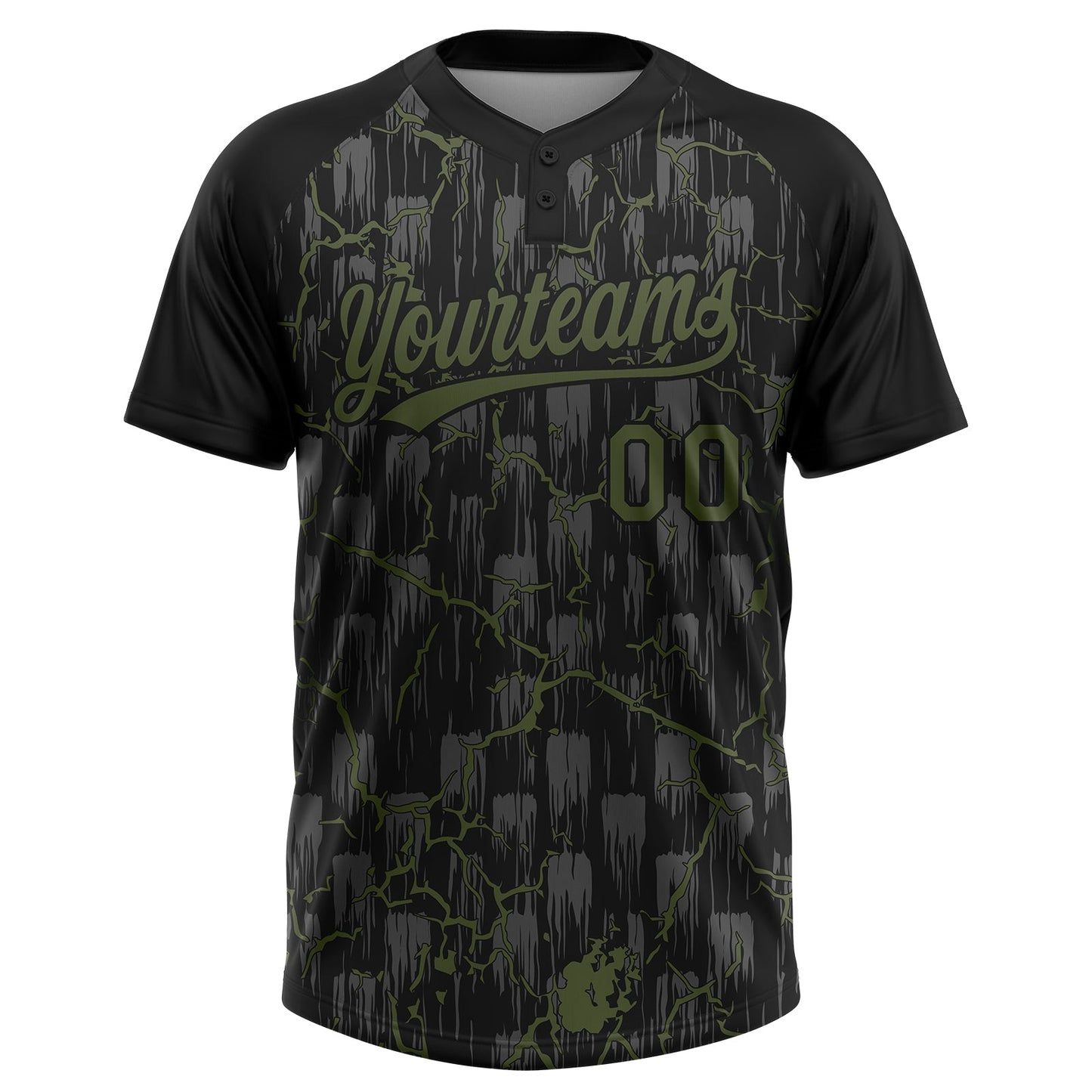 Custom Black Olive-Gray Raglan Sleeves Neon Lightning Crackle Two-Button Unisex Softball Jersey view 2