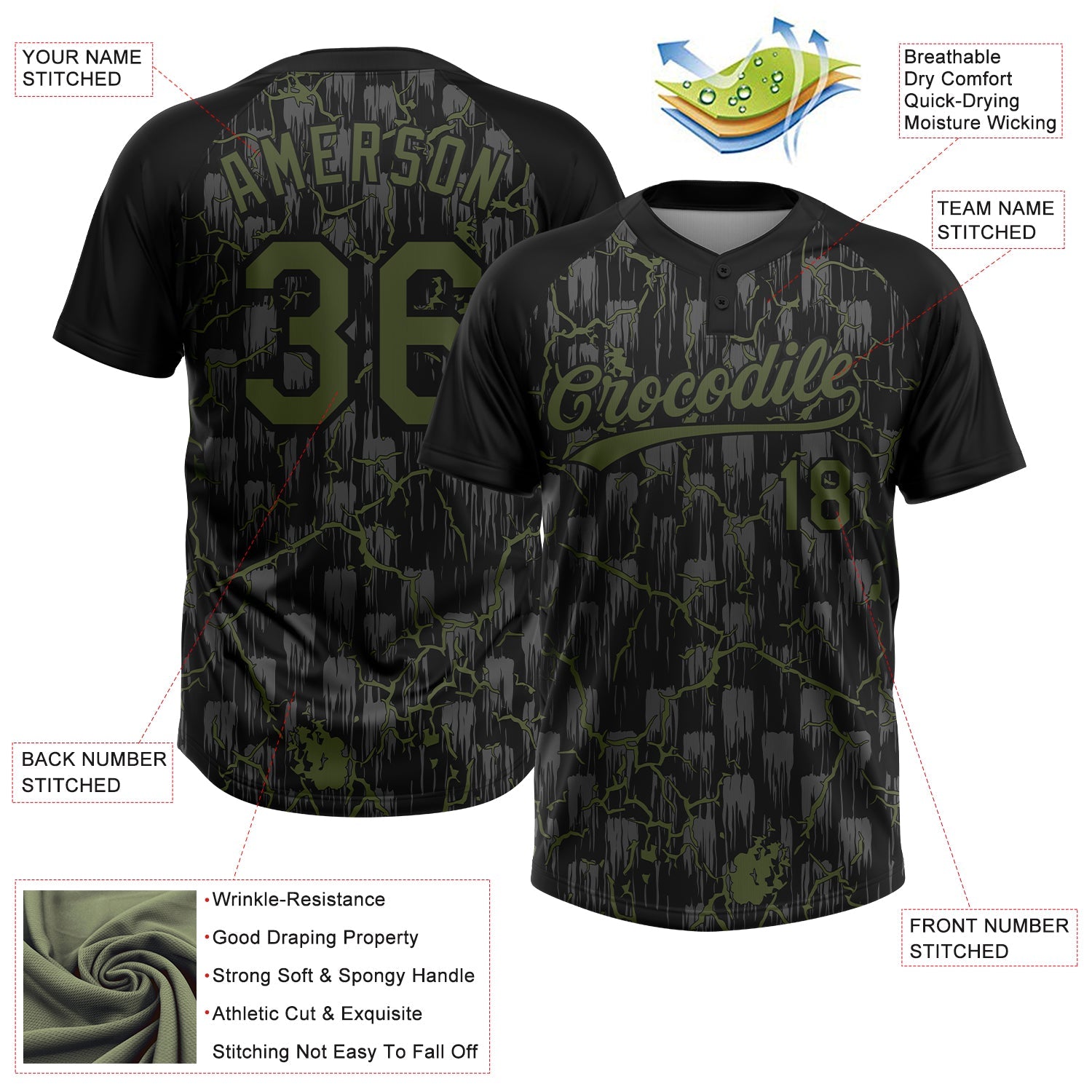 Custom Black Olive-Gray Raglan Sleeves Neon Lightning Crackle Two-Button Unisex Softball Jersey view 3