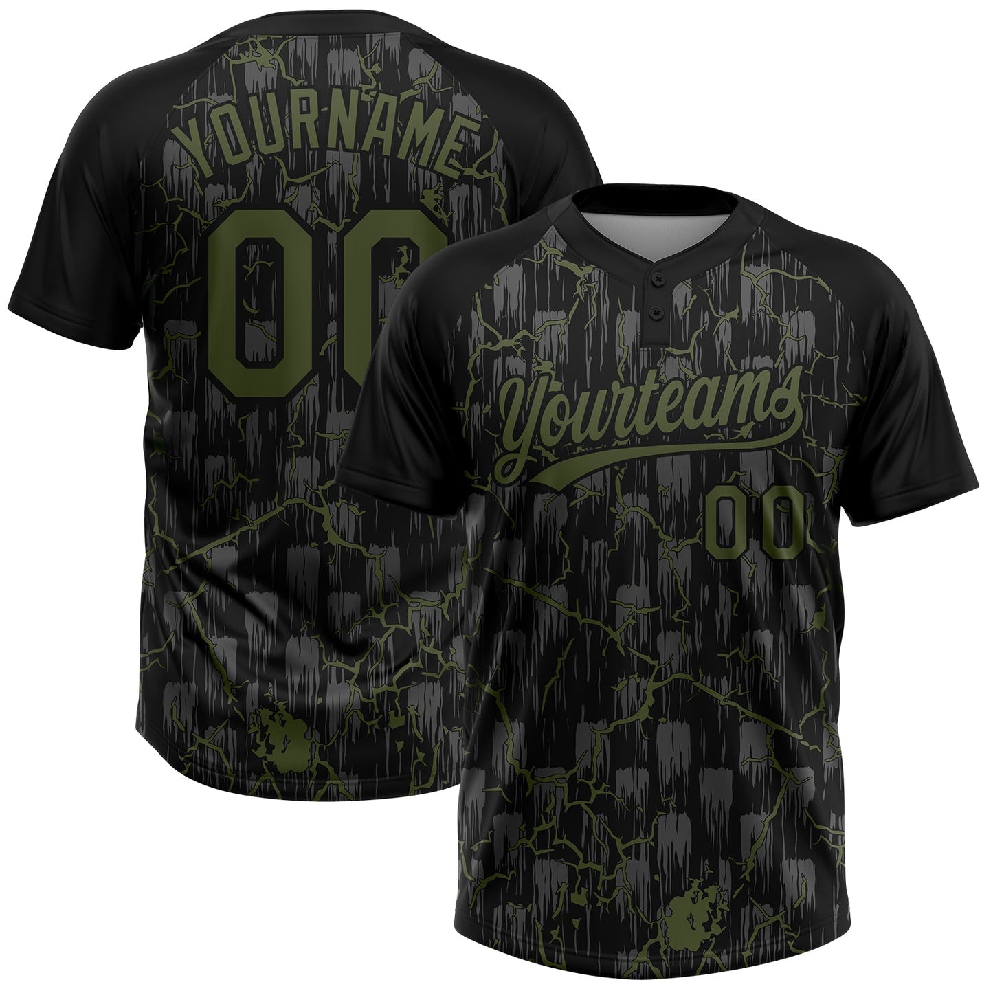 Custom Black Olive-Gray Raglan Sleeves Neon Lightning Crackle Two-Button Unisex Softball Jersey - Main View