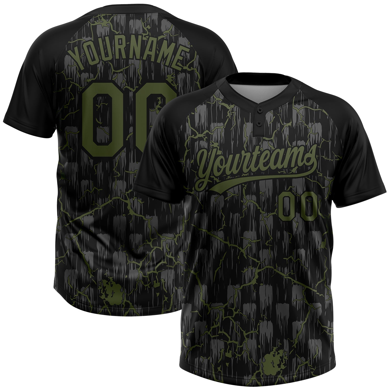 Custom Black Olive-Gray Raglan Sleeves Neon Lightning Crackle Two-Button Unisex Softball Jersey - Main View