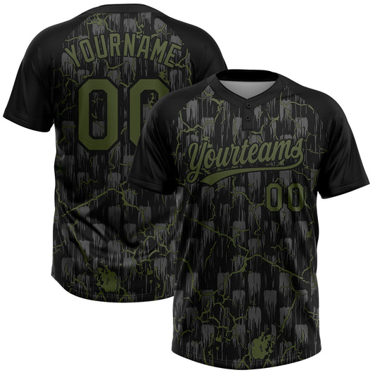 Custom Black Olive-Gray Raglan Sleeves Neon Lightning Crackle Two-Button Unisex Softball Jersey - Main View