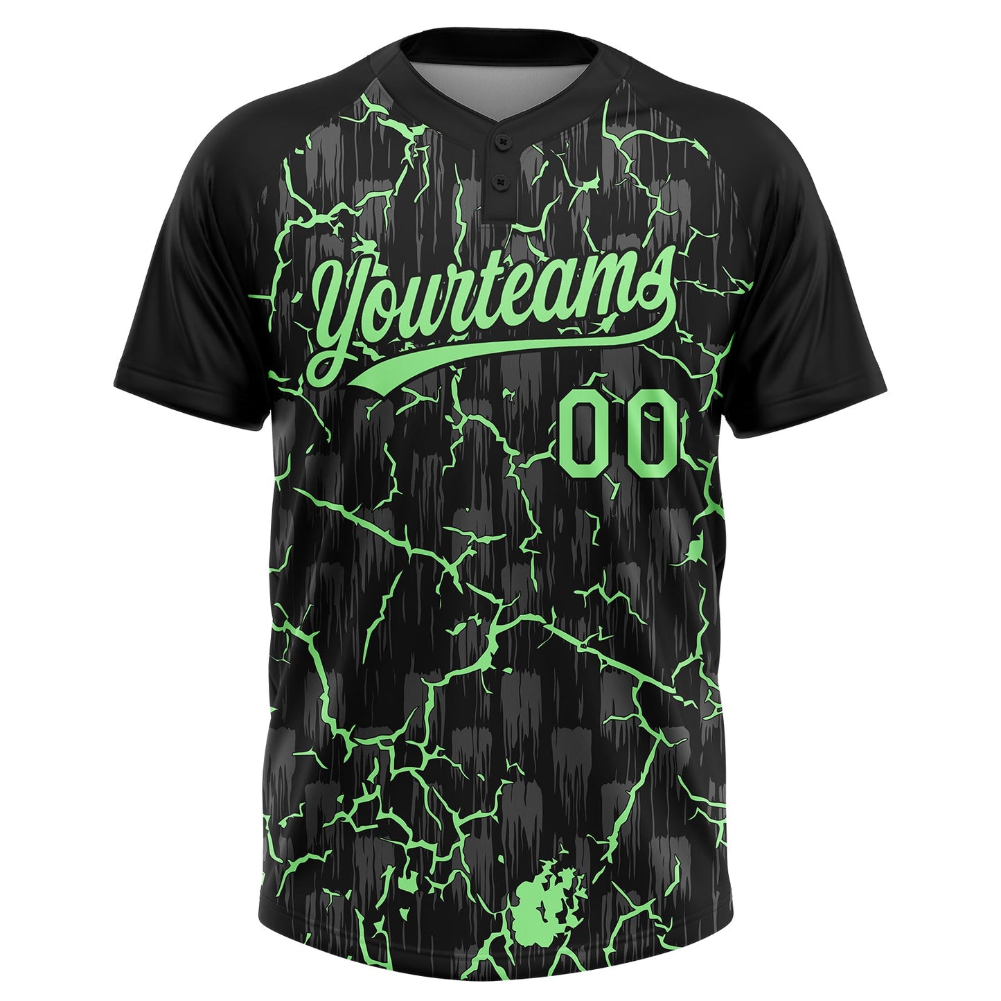 Custom Black Pea Green-Gray Raglan Sleeves Neon Lightning Crackle Two-Button Unisex Softball Jersey view 2