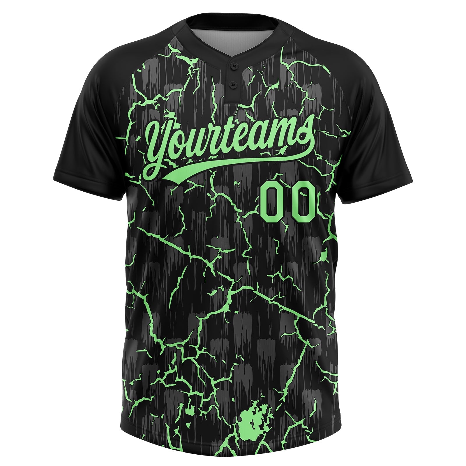 Custom Black Pea Green-Gray Raglan Sleeves Neon Lightning Crackle Two-Button Unisex Softball Jersey view 2