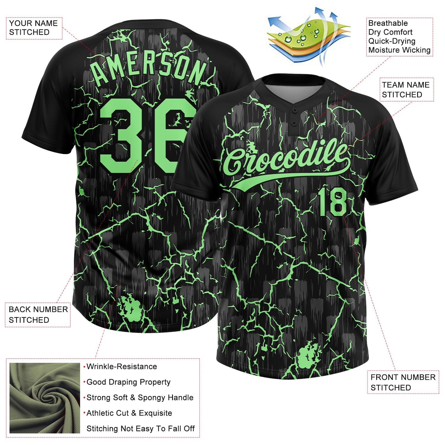 Custom Black Pea Green-Gray Raglan Sleeves Neon Lightning Crackle Two-Button Unisex Softball Jersey view 3