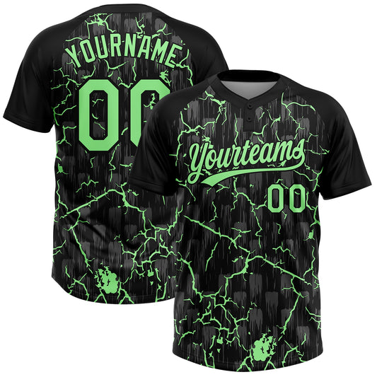 Custom Black Pea Green-Gray Raglan Sleeves Neon Lightning Crackle Two-Button Unisex Softball Jersey - Main View