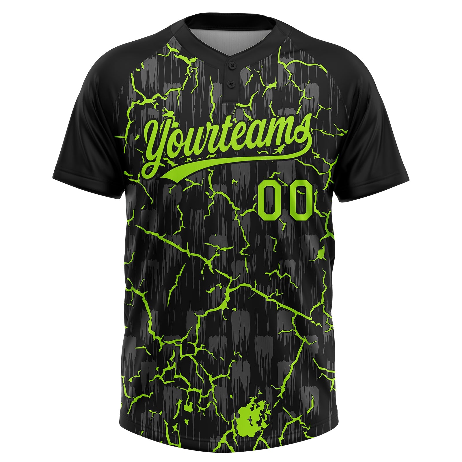 Custom Black Neon Green-Gray Raglan Sleeves Neon Lightning Crackle Two-Button Unisex Softball Jersey view 2
