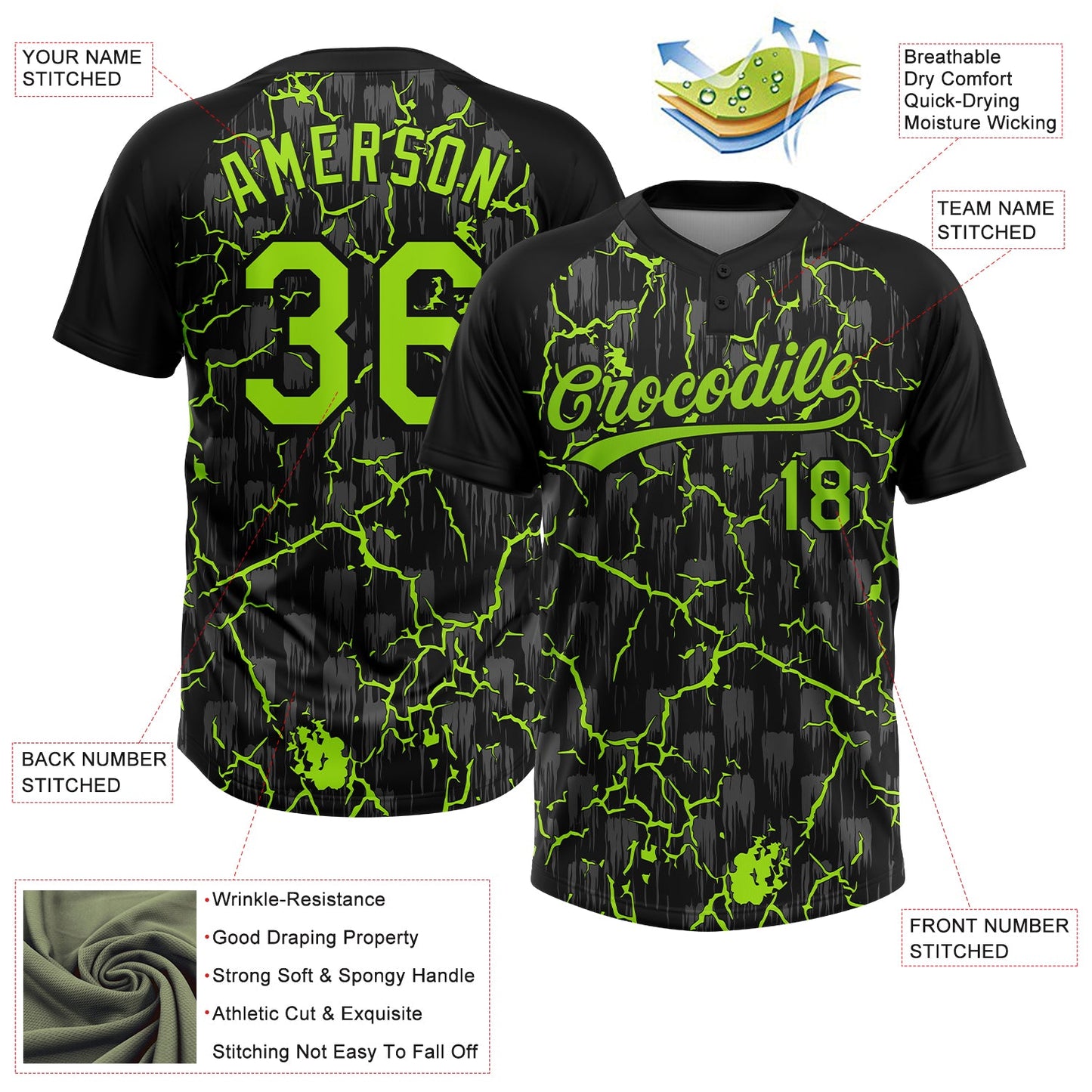 Custom Black Neon Green-Gray Raglan Sleeves Neon Lightning Crackle Two-Button Unisex Softball Jersey view 3