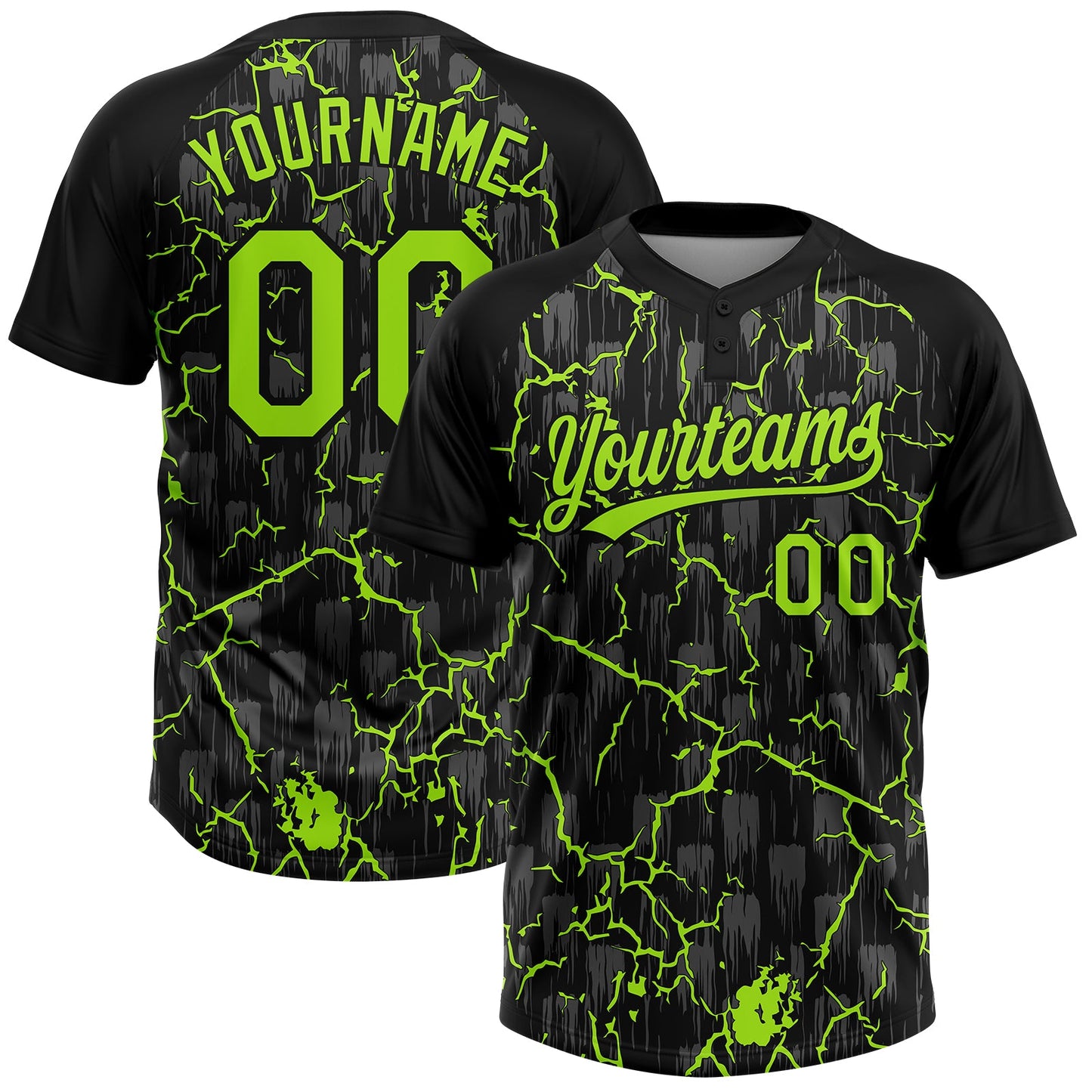 Custom Black Neon Green-Gray Raglan Sleeves Neon Lightning Crackle Two-Button Unisex Softball Jersey - Main View