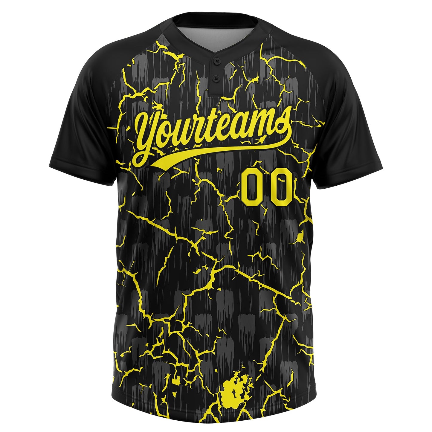 Custom Black Light Yellow-Gray Raglan Sleeves Neon Lightning Crackle Two-Button Unisex Softball Jersey view 2