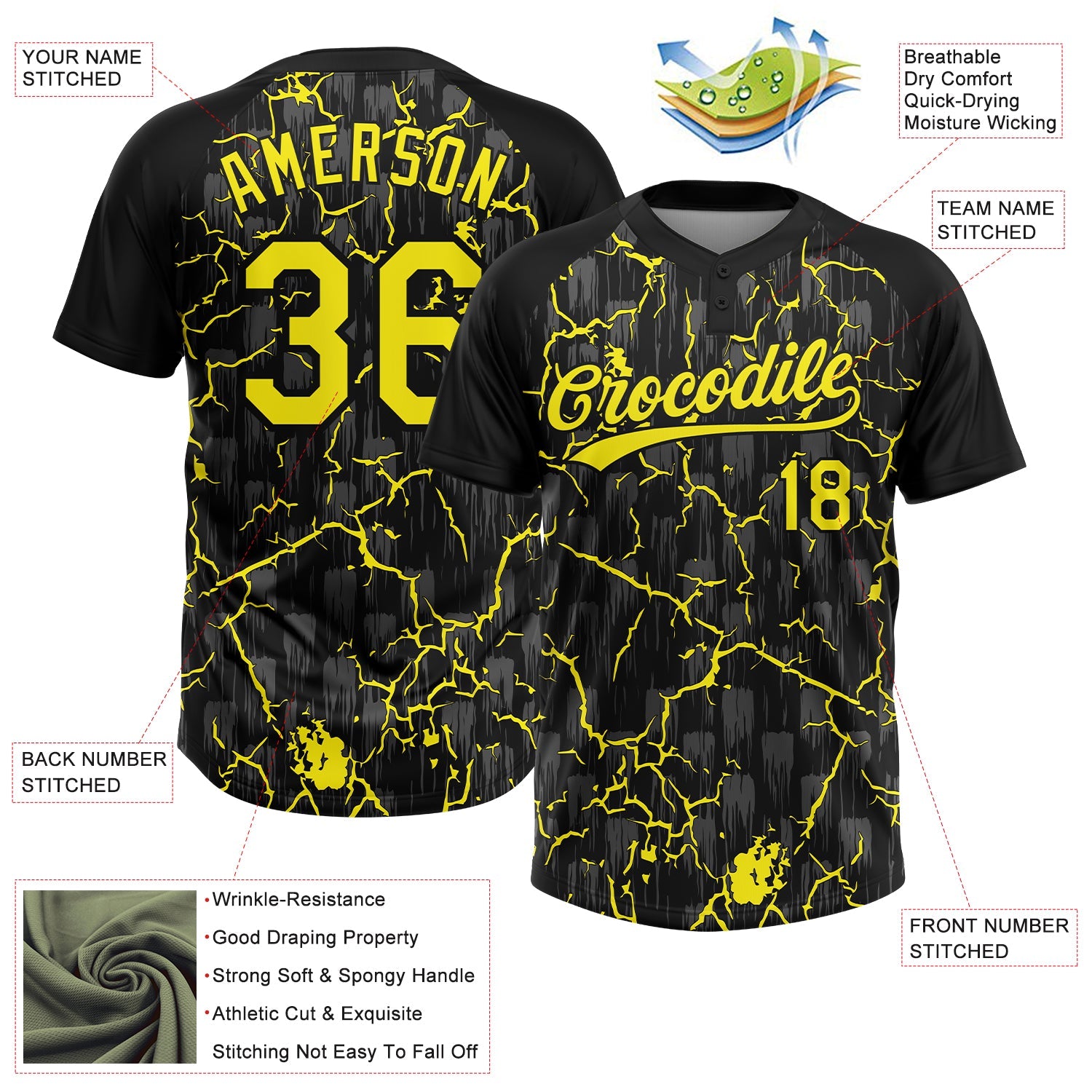 Custom Black Light Yellow-Gray Raglan Sleeves Neon Lightning Crackle Two-Button Unisex Softball Jersey view 3