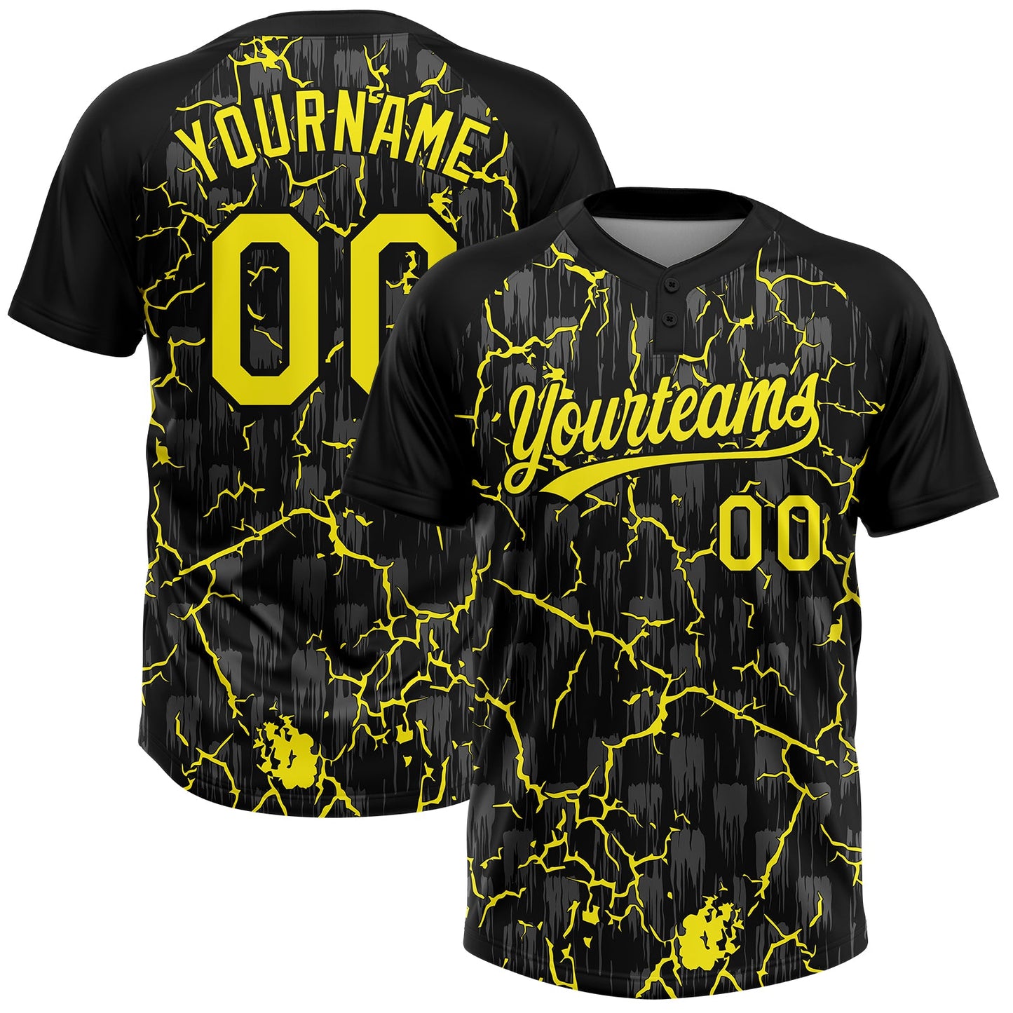 Custom Black Light Yellow-Gray Raglan Sleeves Neon Lightning Crackle Two-Button Unisex Softball Jersey - Main View