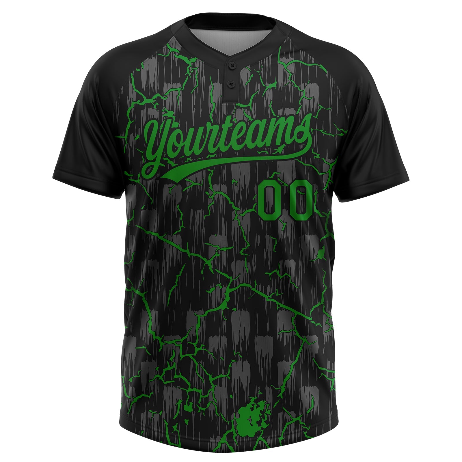 Custom Black Grass Green-Gray Raglan Sleeves Neon Lightning Crackle Two-Button Unisex Softball Jersey view 2