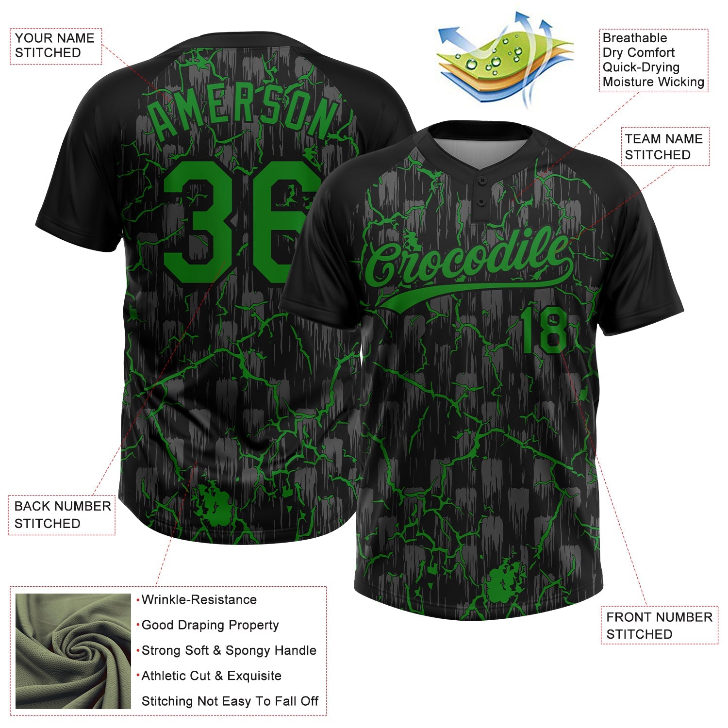 Custom Black Grass Green-Gray Raglan Sleeves Neon Lightning Crackle Two-Button Unisex Softball Jersey view 3