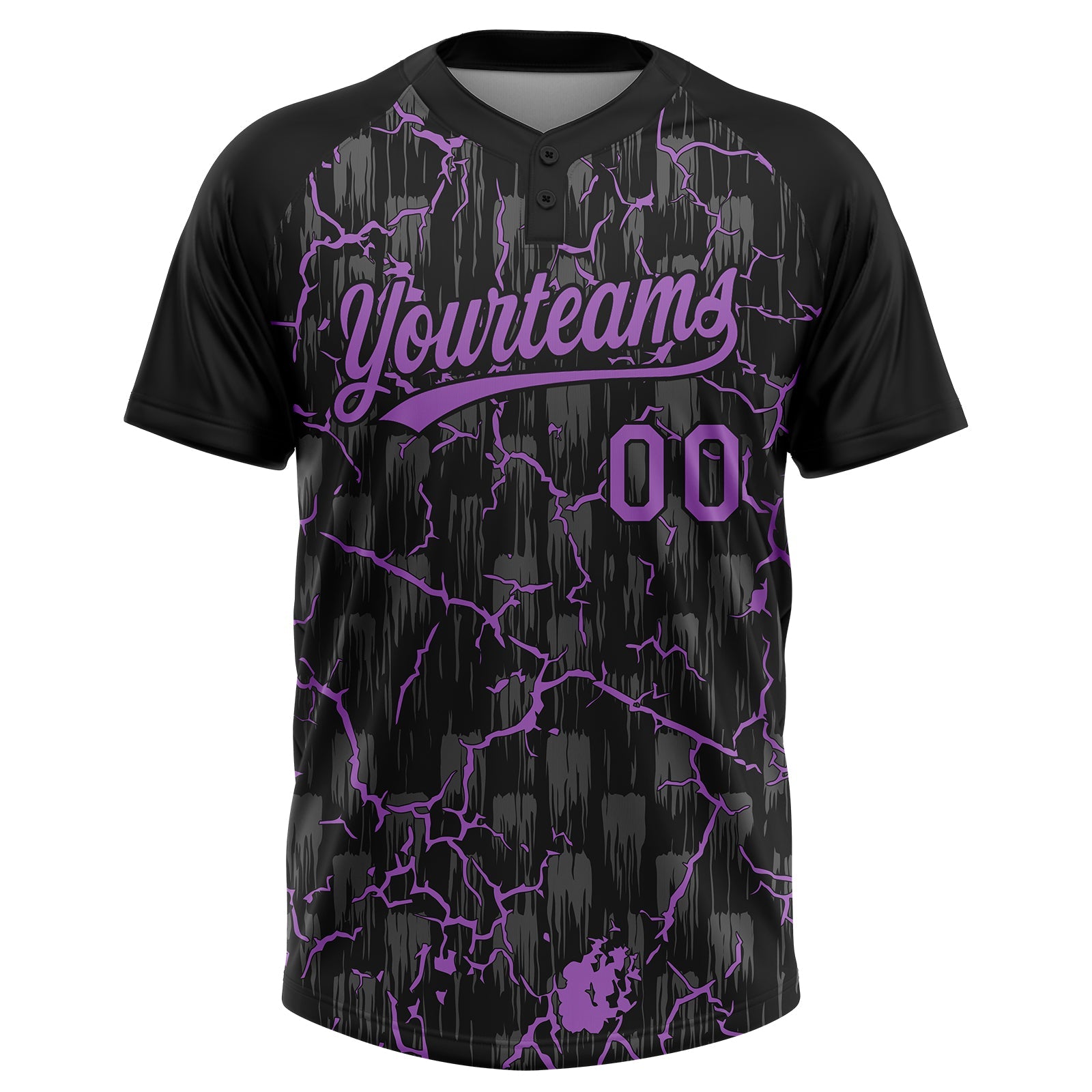 Custom Black Medium Purple-Gray Raglan Sleeves Neon Lightning Crackle Two-Button Unisex Softball Jersey view 2