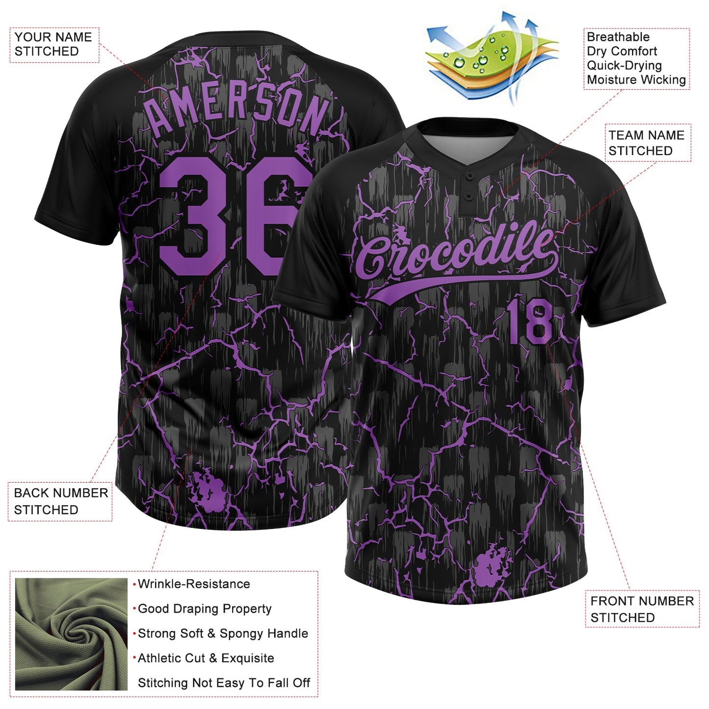 Custom Black Medium Purple-Gray Raglan Sleeves Neon Lightning Crackle Two-Button Unisex Softball Jersey view 3