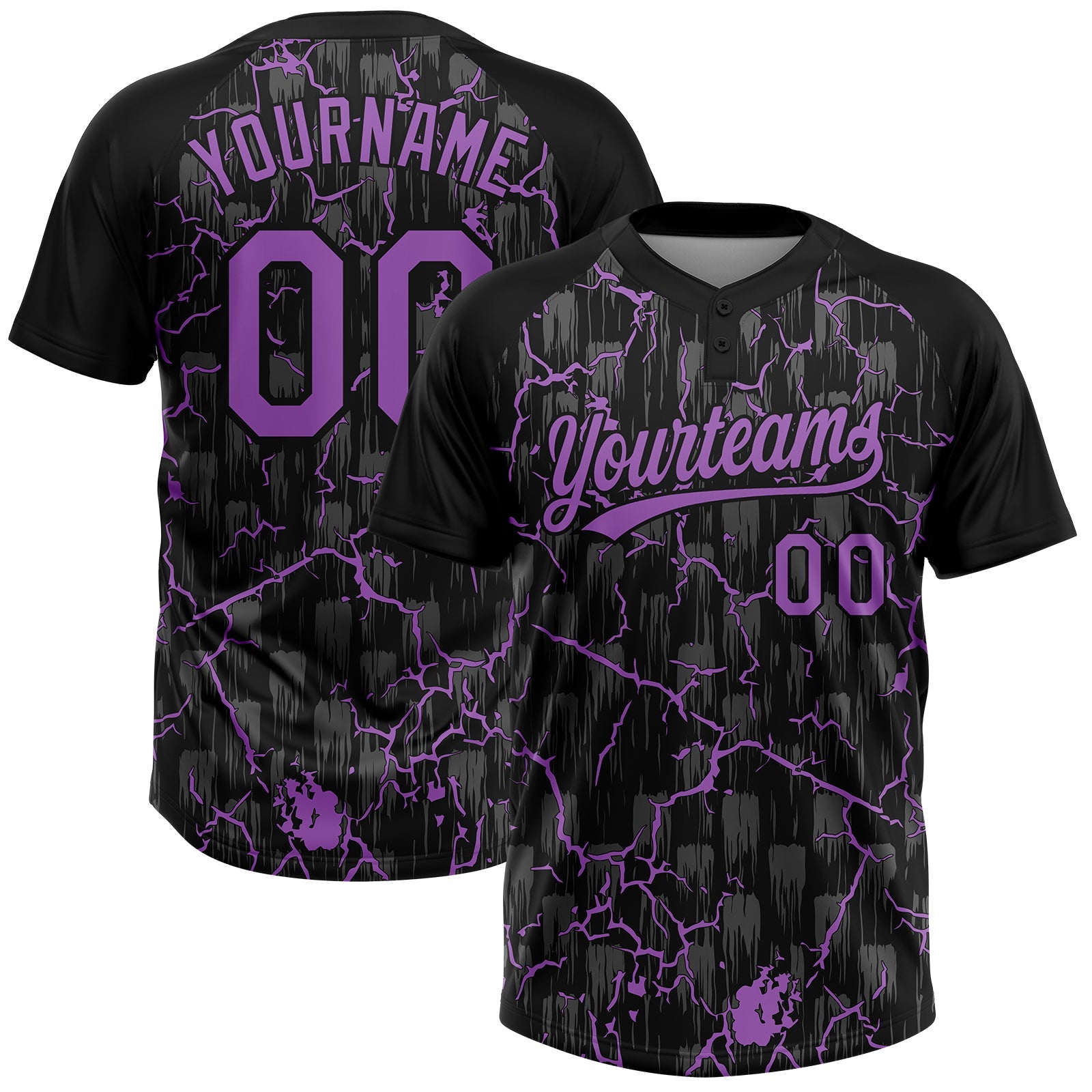 Custom Black Medium Purple-Gray Raglan Sleeves Neon Lightning Crackle Two-Button Unisex Softball Jersey - Main View