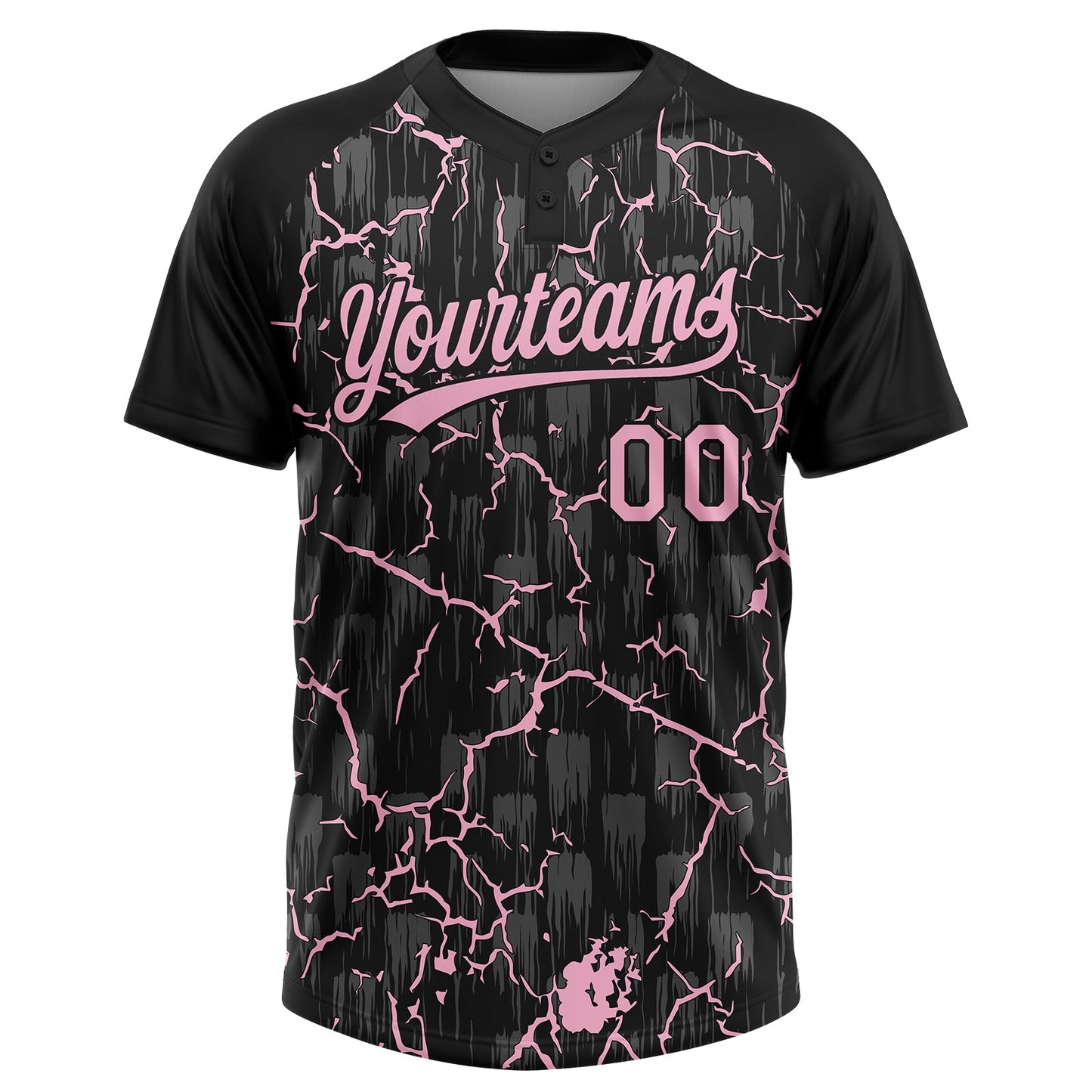 Custom Black Light Pink-Gray Raglan Sleeves Neon Lightning Crackle Two-Button Unisex Softball Jersey view 2