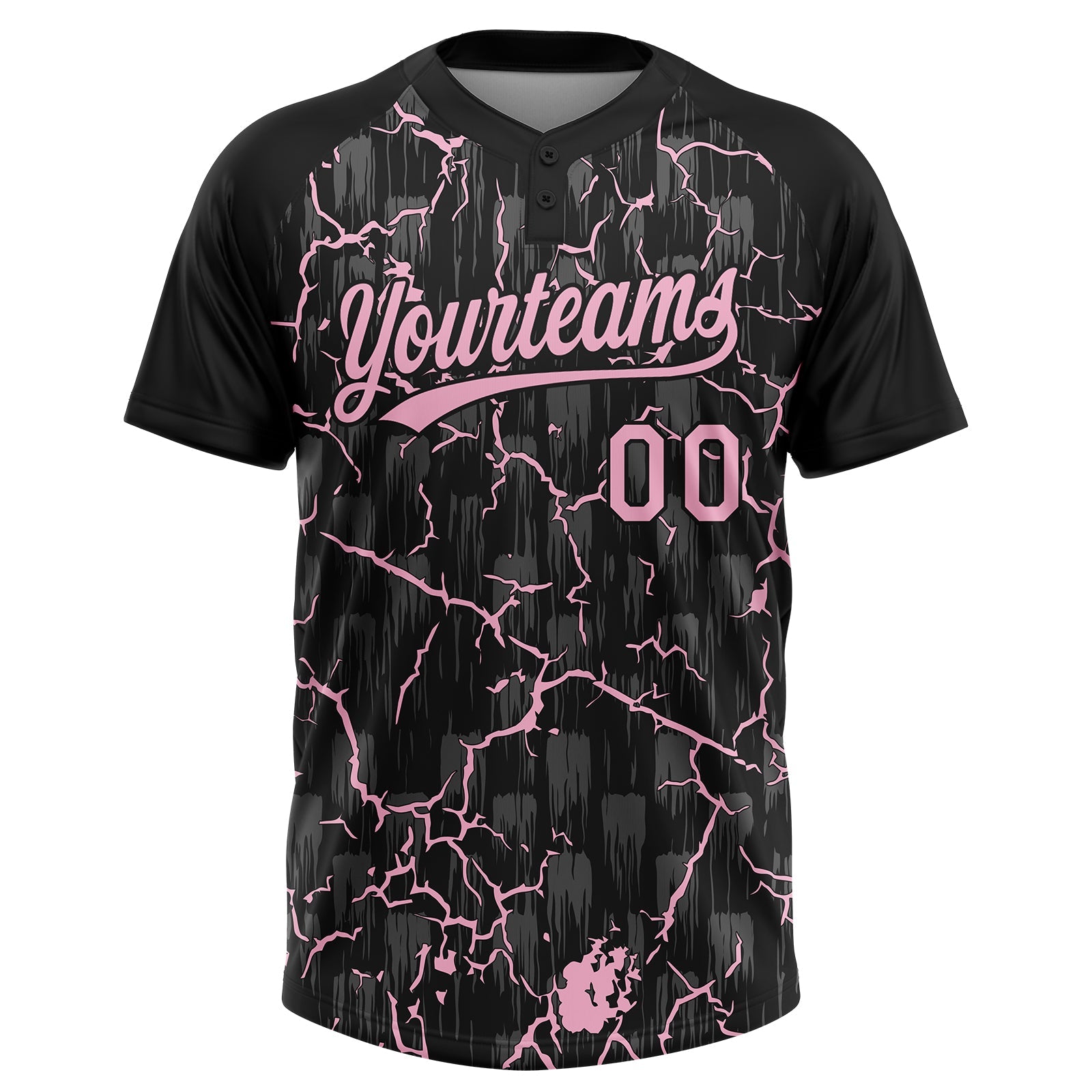 Custom Black Light Pink-Gray Raglan Sleeves Neon Lightning Crackle Two-Button Unisex Softball Jersey view 2
