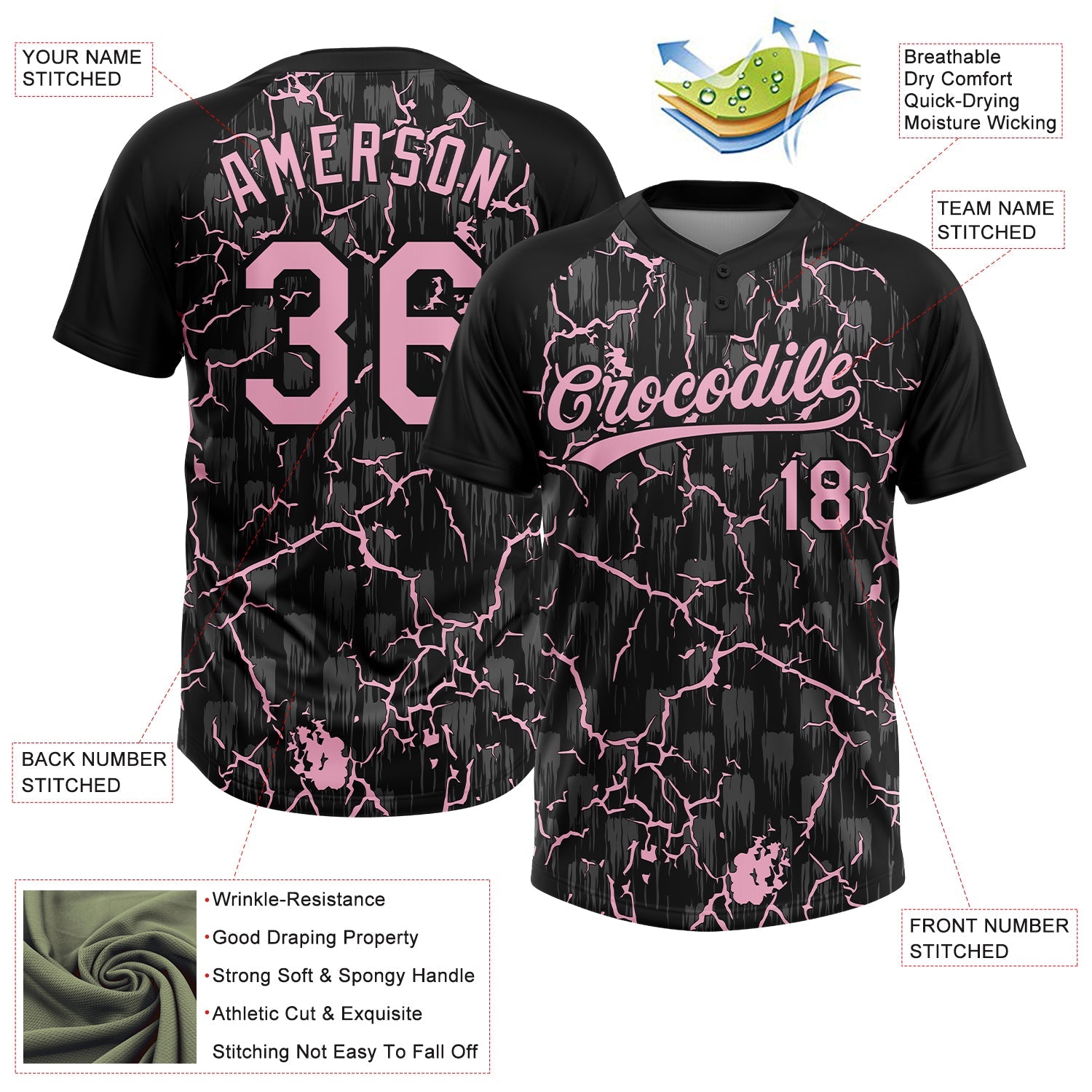 Custom Black Light Pink-Gray Raglan Sleeves Neon Lightning Crackle Two-Button Unisex Softball Jersey view 3