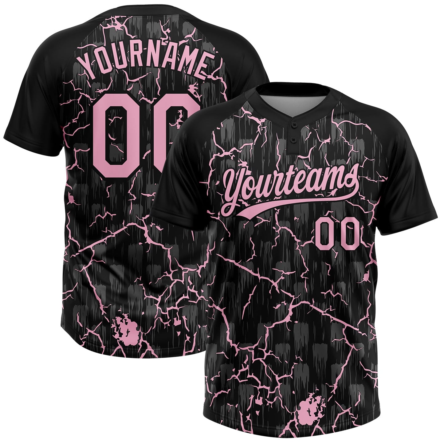 Custom Black Light Pink-Gray Raglan Sleeves Neon Lightning Crackle Two-Button Unisex Softball Jersey - Main View