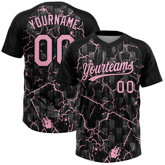 Custom Black Light Pink-Gray Raglan Sleeves Neon Lightning Crackle Two-Button Unisex Softball Jersey - Main View