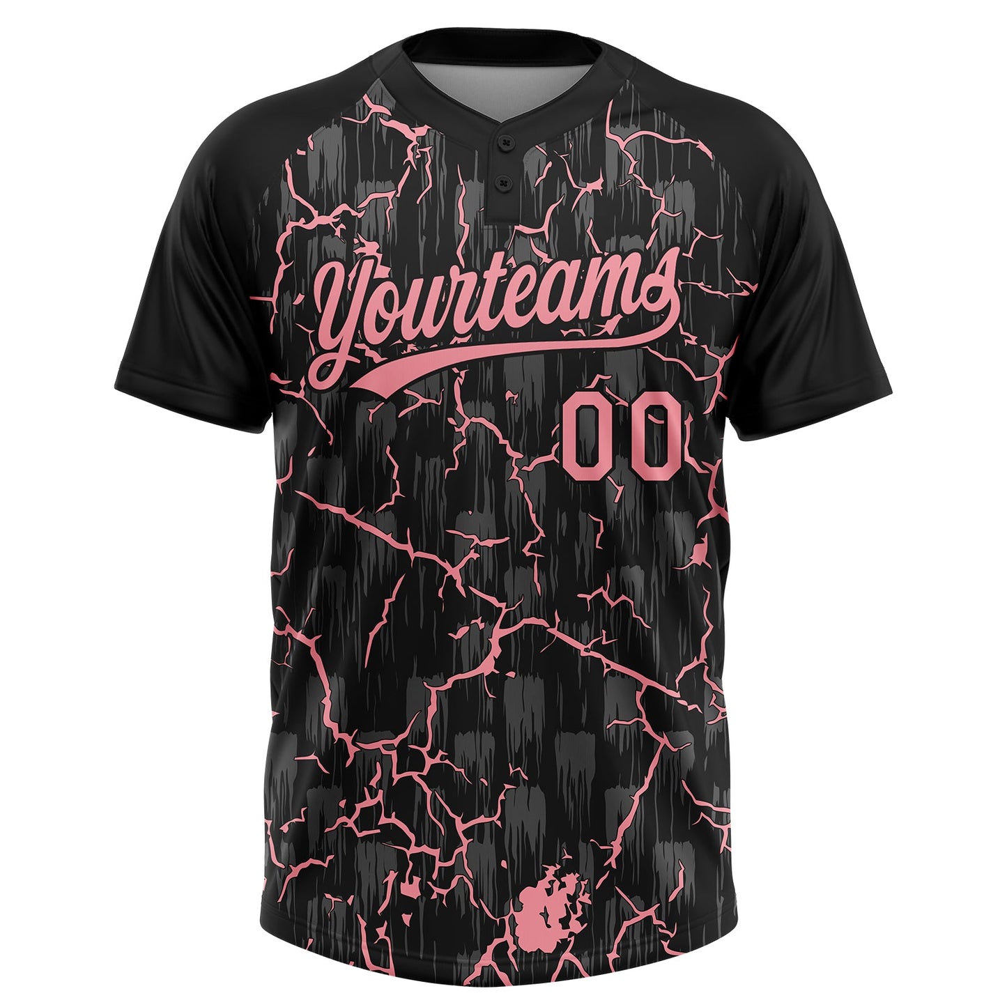 Custom Black-Medium Pink Raglan Sleeves Neon Lightning Crackle Two-Button Unisex Softball Jersey view 2