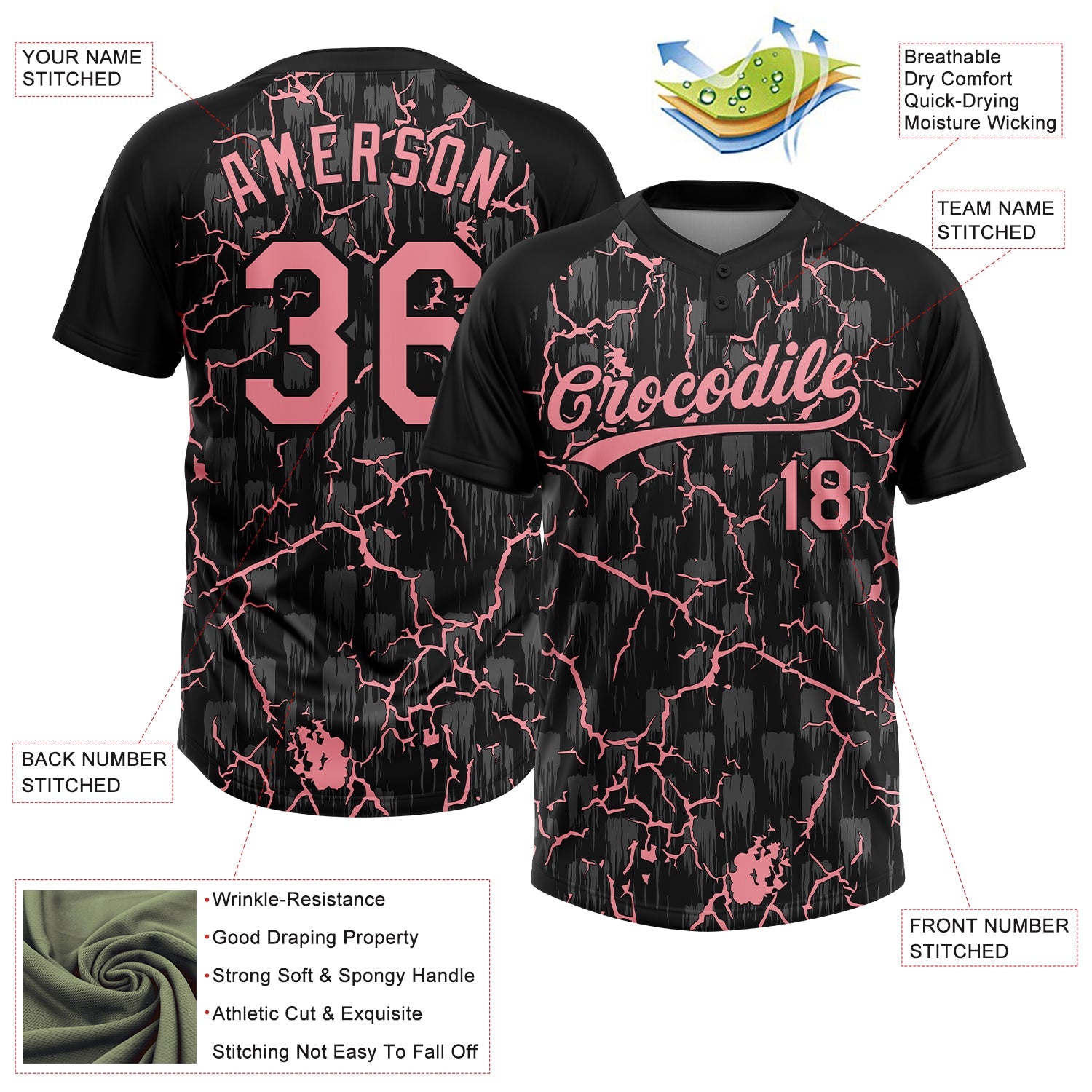 Custom Black-Medium Pink Raglan Sleeves Neon Lightning Crackle Two-Button Unisex Softball Jersey view 3