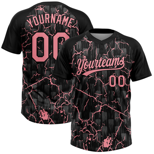Custom Black-Medium Pink Raglan Sleeves Neon Lightning Crackle Two-Button Unisex Softball Jersey - Main View