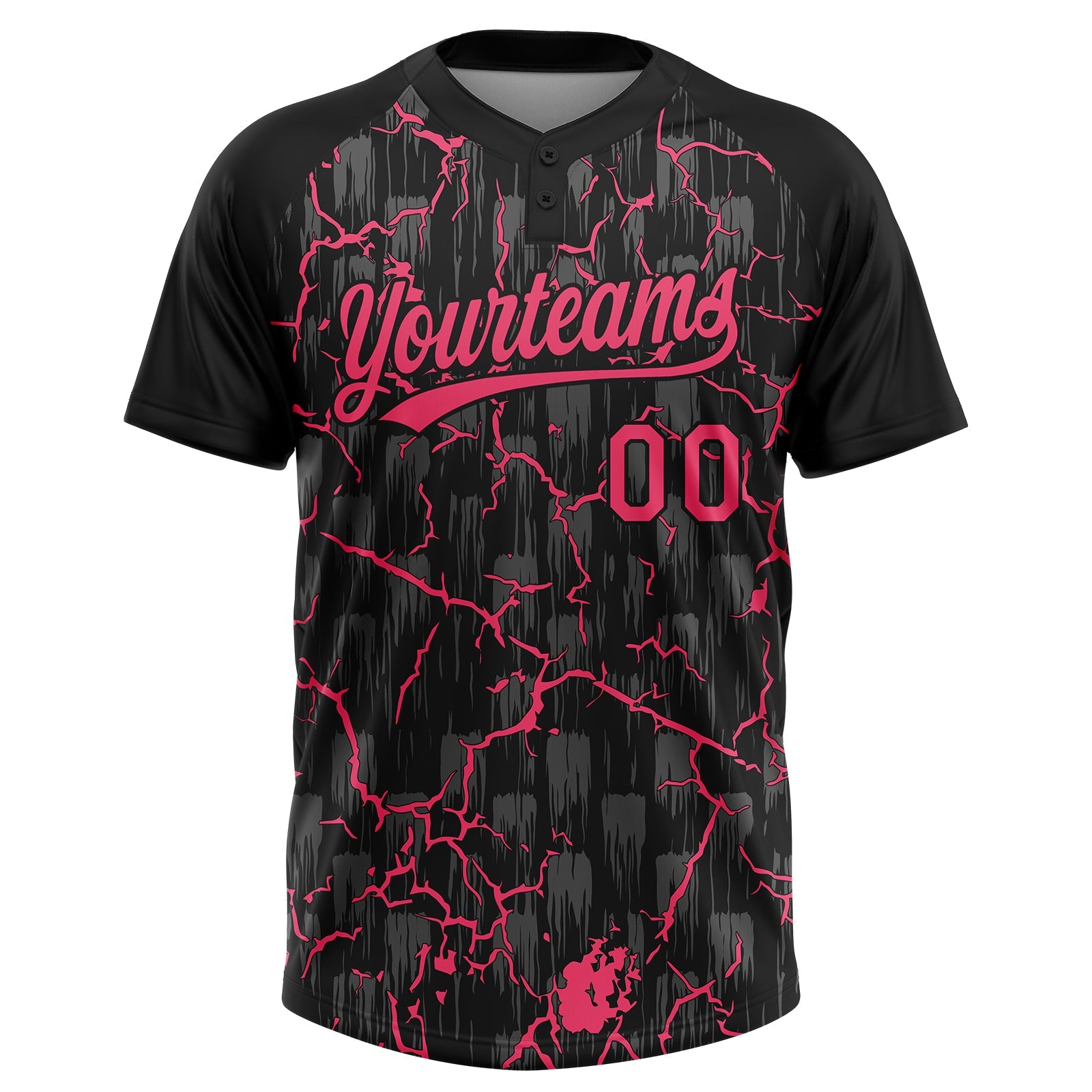 Custom Black Neon Pink-Gray Raglan Sleeves Neon Lightning Crackle Two-Button Unisex Softball Jersey view 2