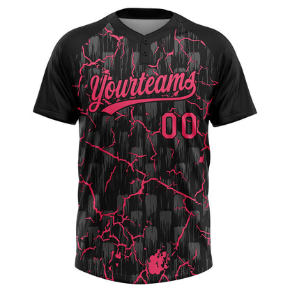 Custom Black Neon Pink-Gray Raglan Sleeves Neon Lightning Crackle Two-Button Unisex Softball Jersey view 2