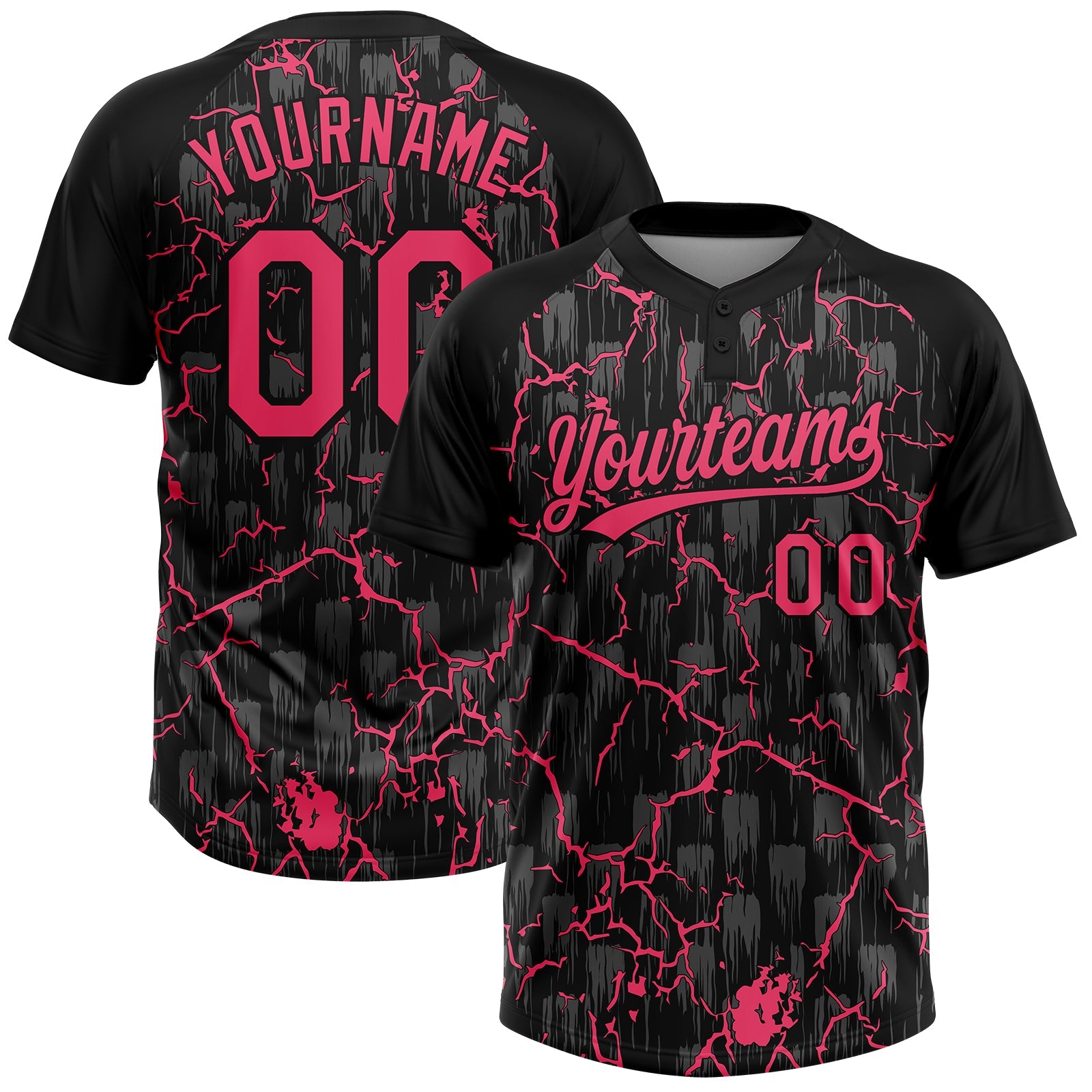 Custom Black Neon Pink-Gray Raglan Sleeves Neon Lightning Crackle Two-Button Unisex Softball Jersey - Main View