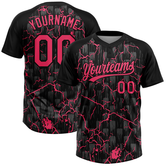 Custom Black Neon Pink-Gray Raglan Sleeves Neon Lightning Crackle Two-Button Unisex Softball Jersey - Main View