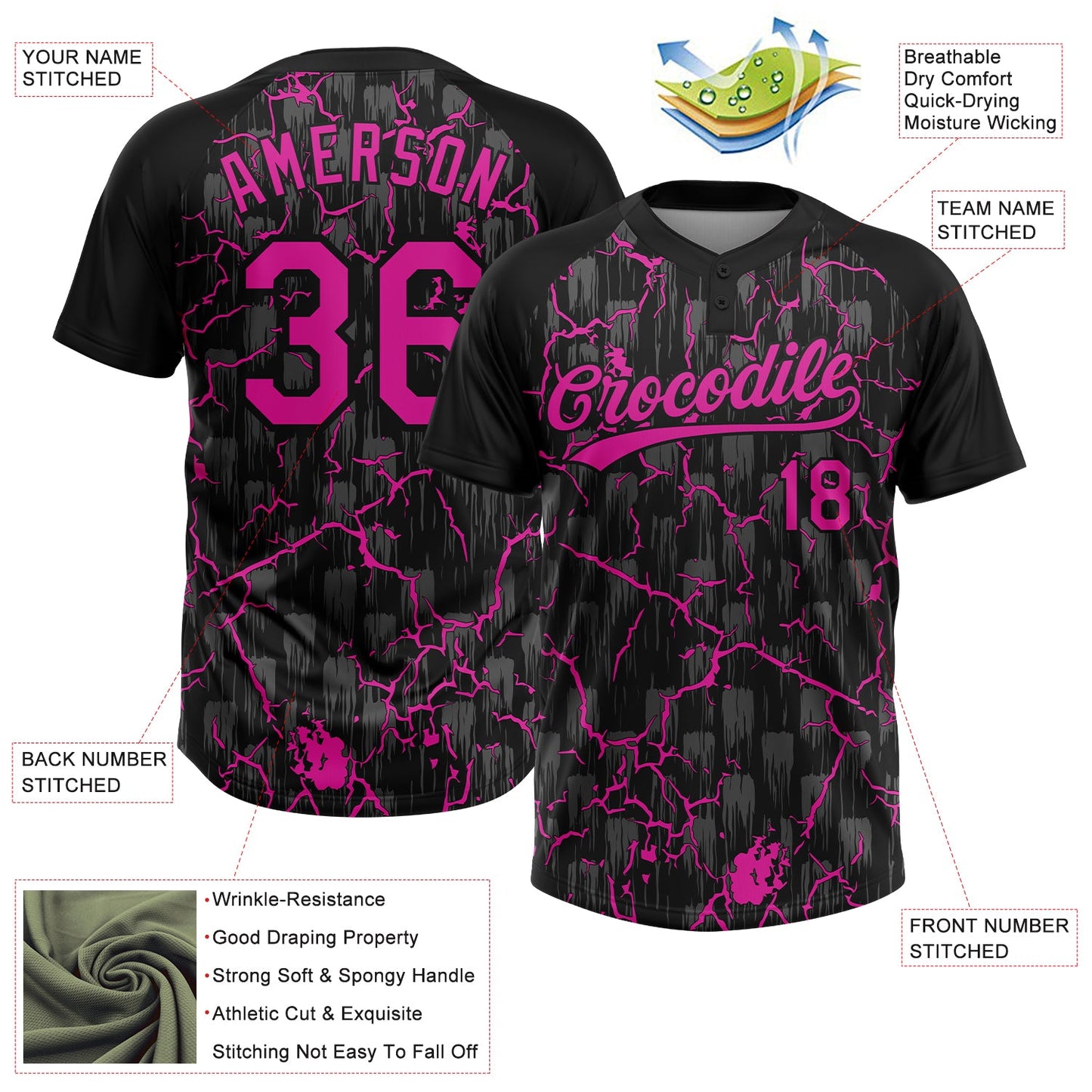 Custom Black Deep Pink-Gray Raglan Sleeves Neon Lightning Crackle Two-Button Unisex Softball Jersey view 3