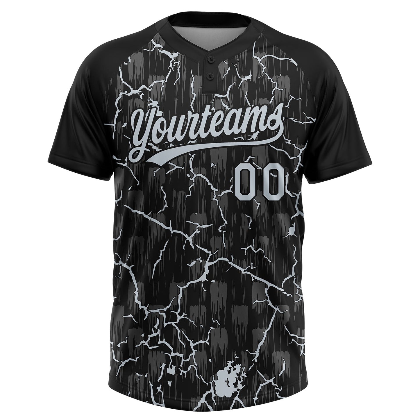 Custom Black Silver Silver-Gray Raglan Sleeves Neon Lightning Crackle Two-Button Unisex Softball Jersey view 2