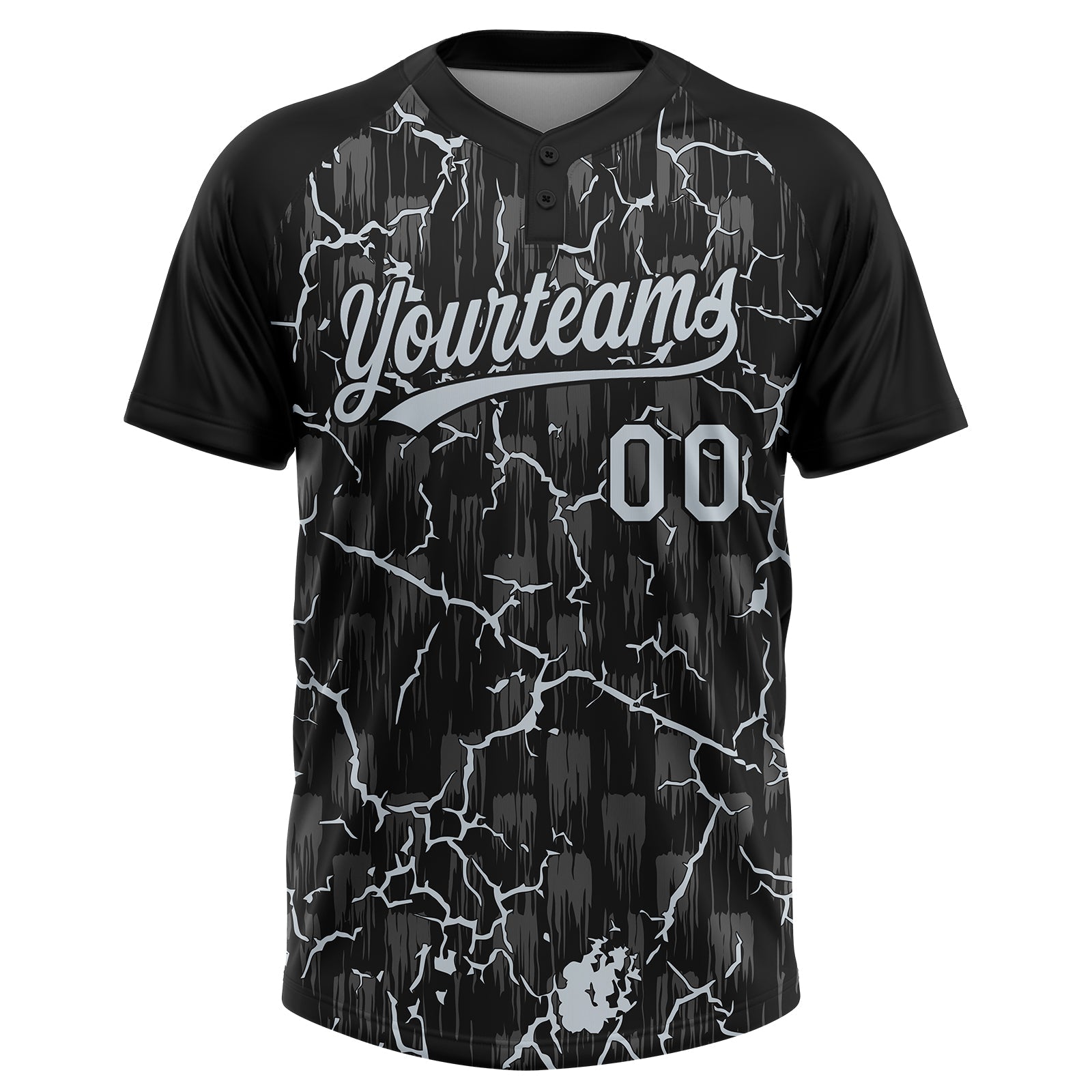 Custom Black Silver Silver-Gray Raglan Sleeves Neon Lightning Crackle Two-Button Unisex Softball Jersey view 2