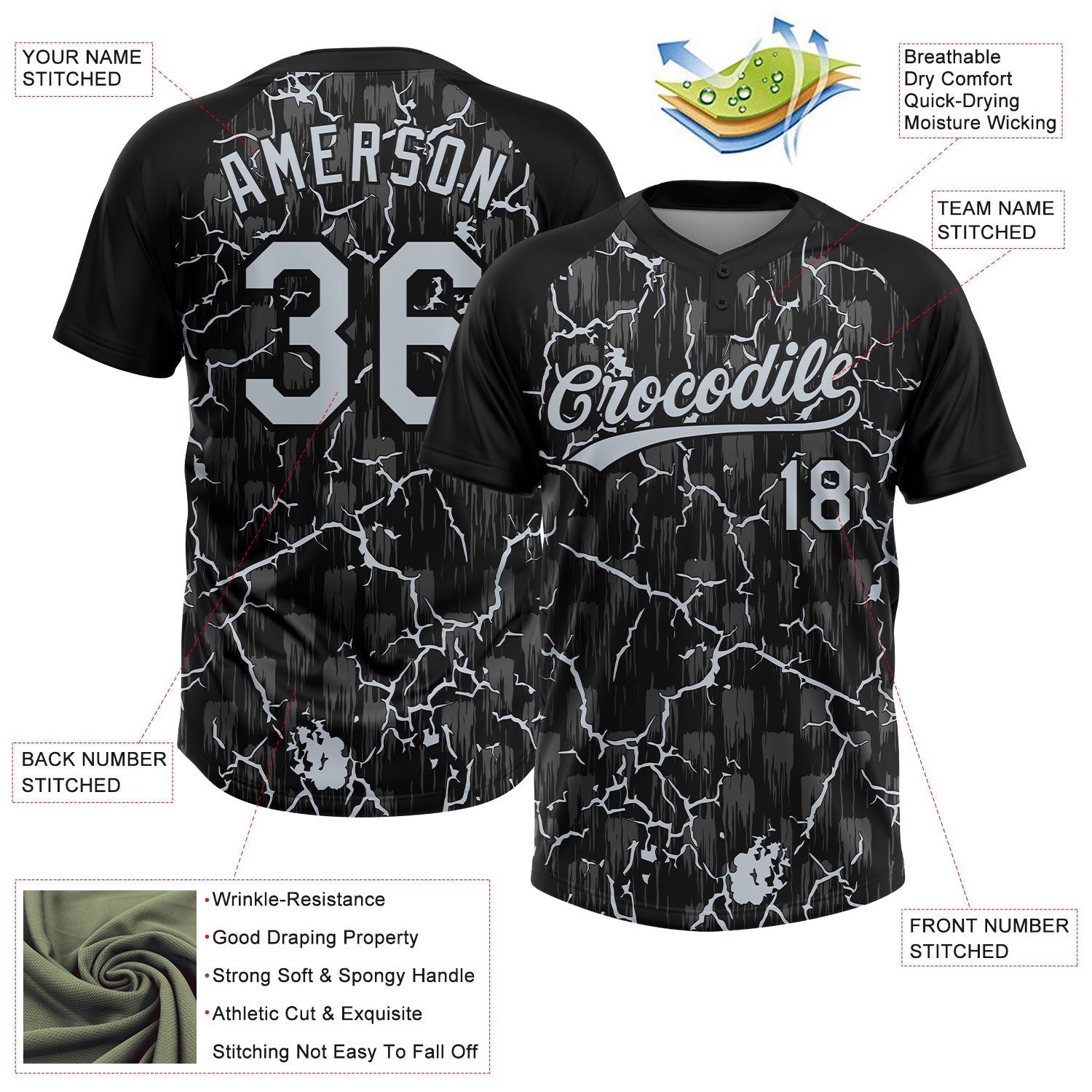 Custom Black Silver Silver-Gray Raglan Sleeves Neon Lightning Crackle Two-Button Unisex Softball Jersey view 3