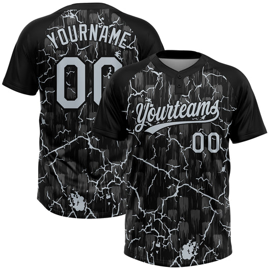 Custom Black Silver Silver-Gray Raglan Sleeves Neon Lightning Crackle Two-Button Unisex Softball Jersey - Main View